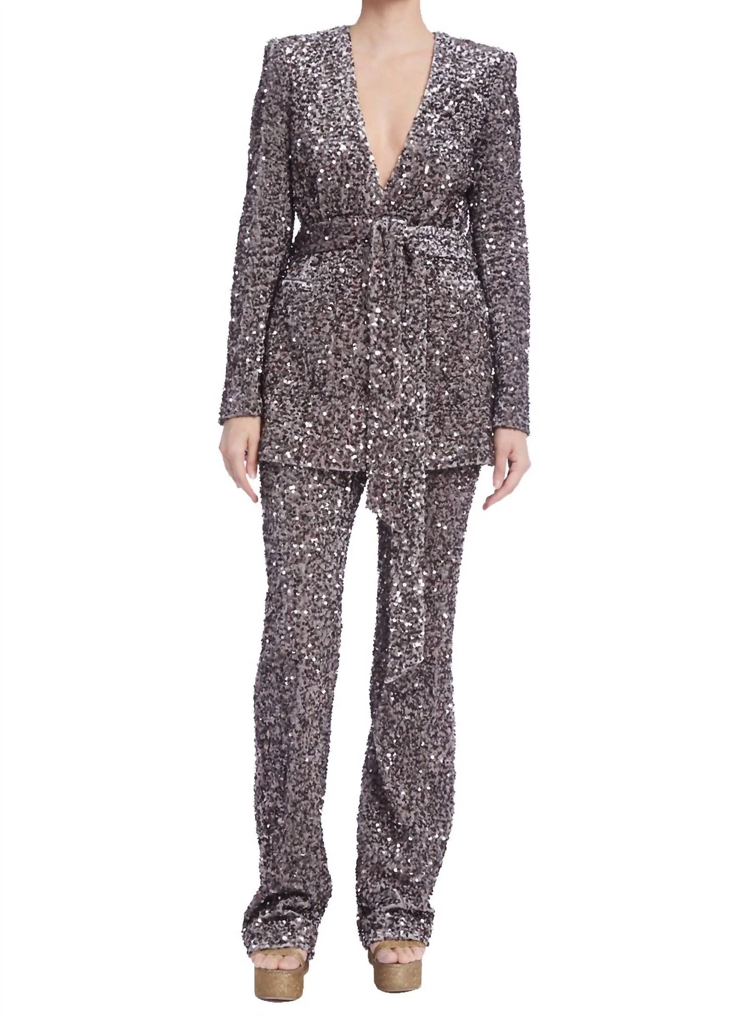 Sequin V-Neck Wrap Jacket And Pants In Gray