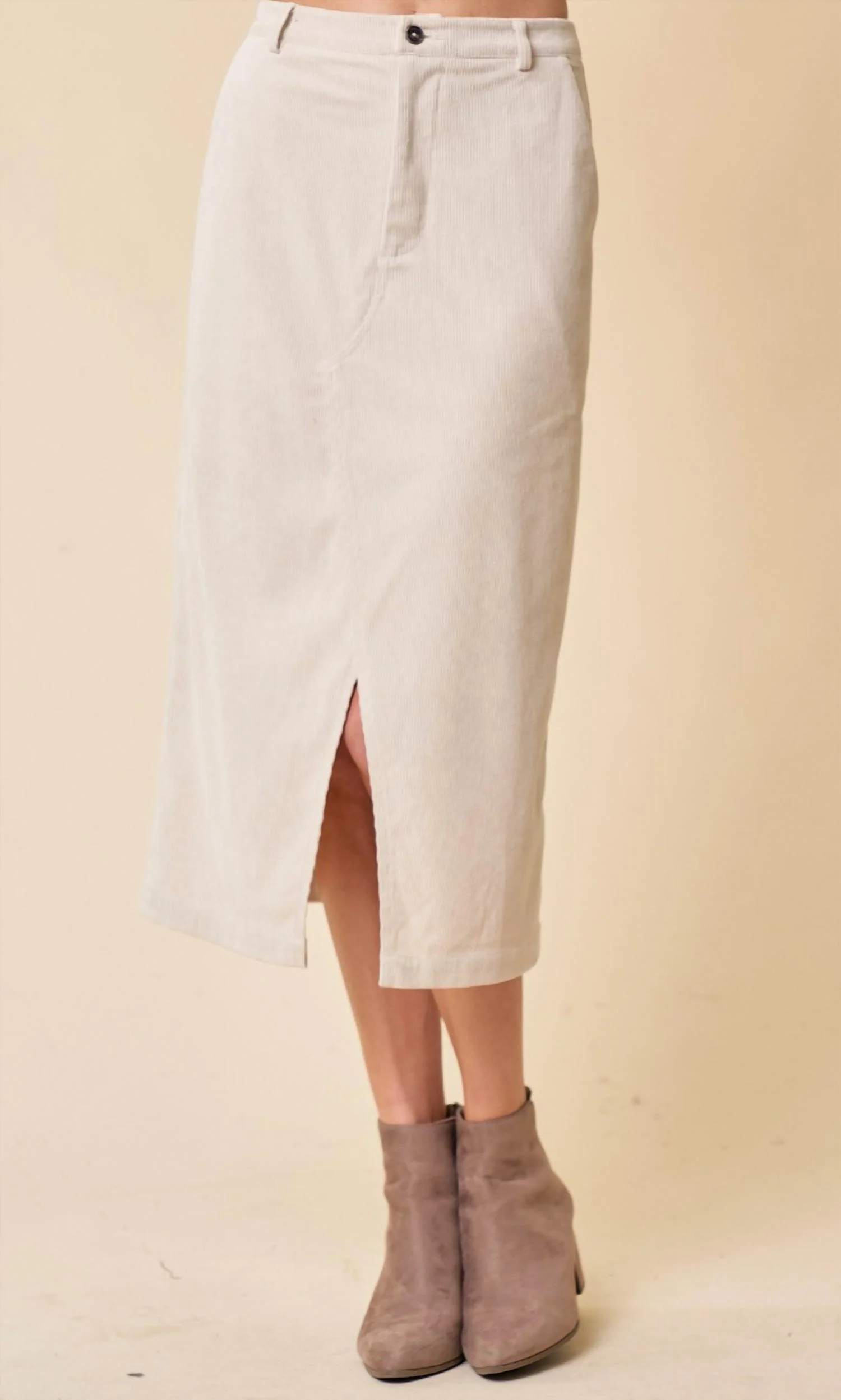 Corduroy Front Zip-Up Midi Skirt W/ Front Slit In Oatmeal