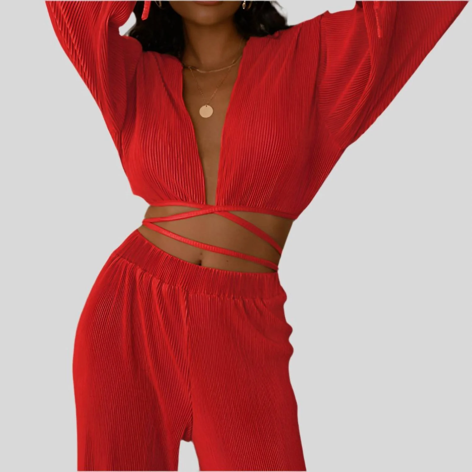 Zyrenne Plisse Pants Set In Red