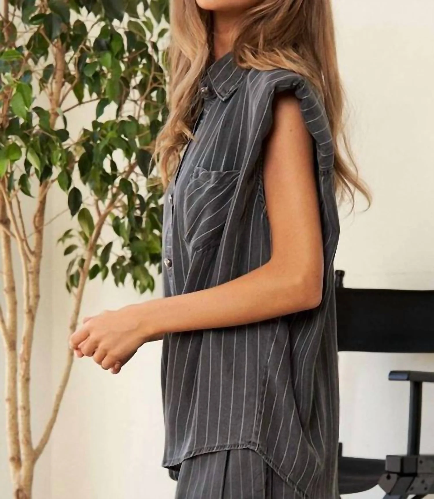 Stripe Button Down Shirt And Long Pants Set In Gray