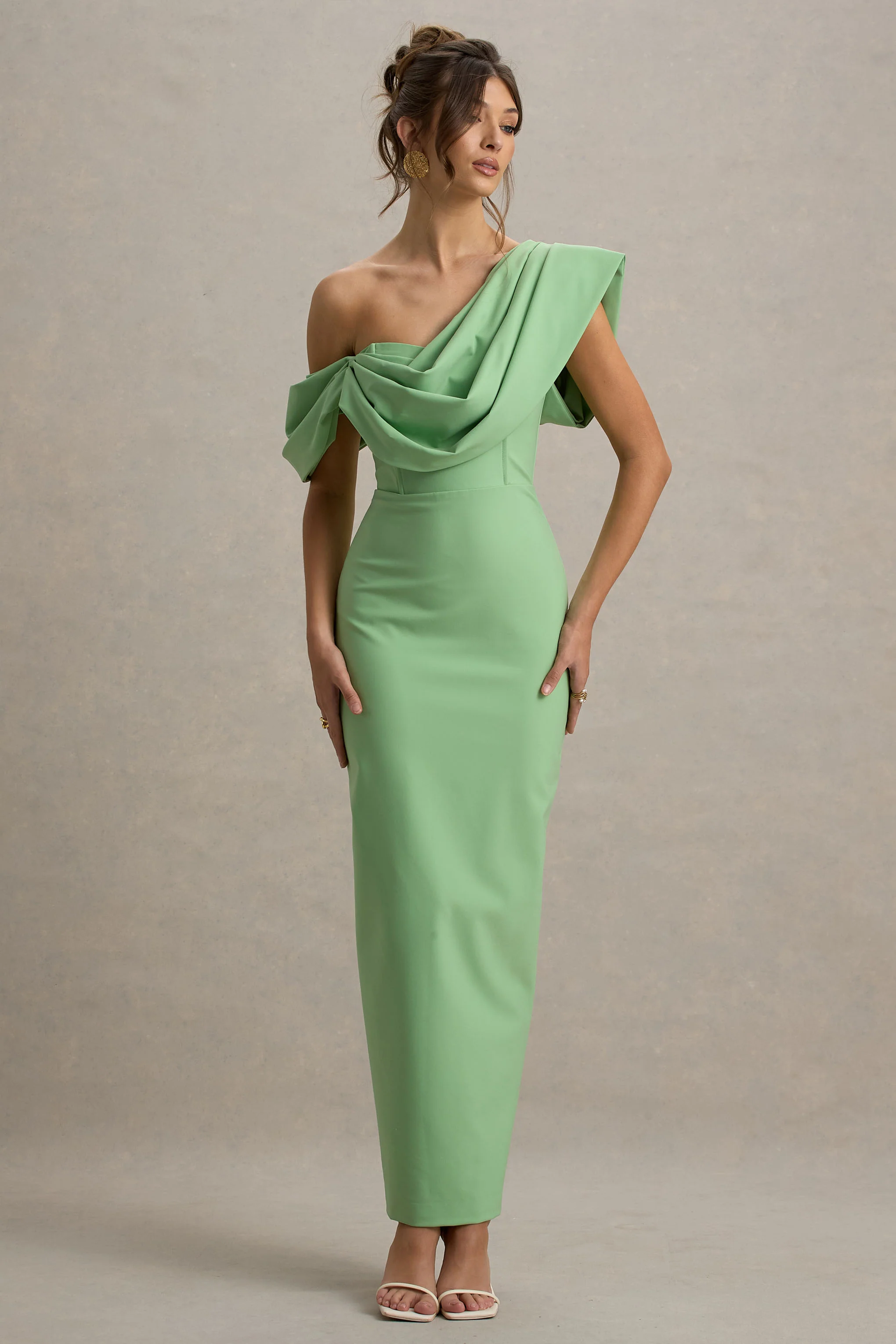 Angelina | Green Draped Shoulder Maxi Dress