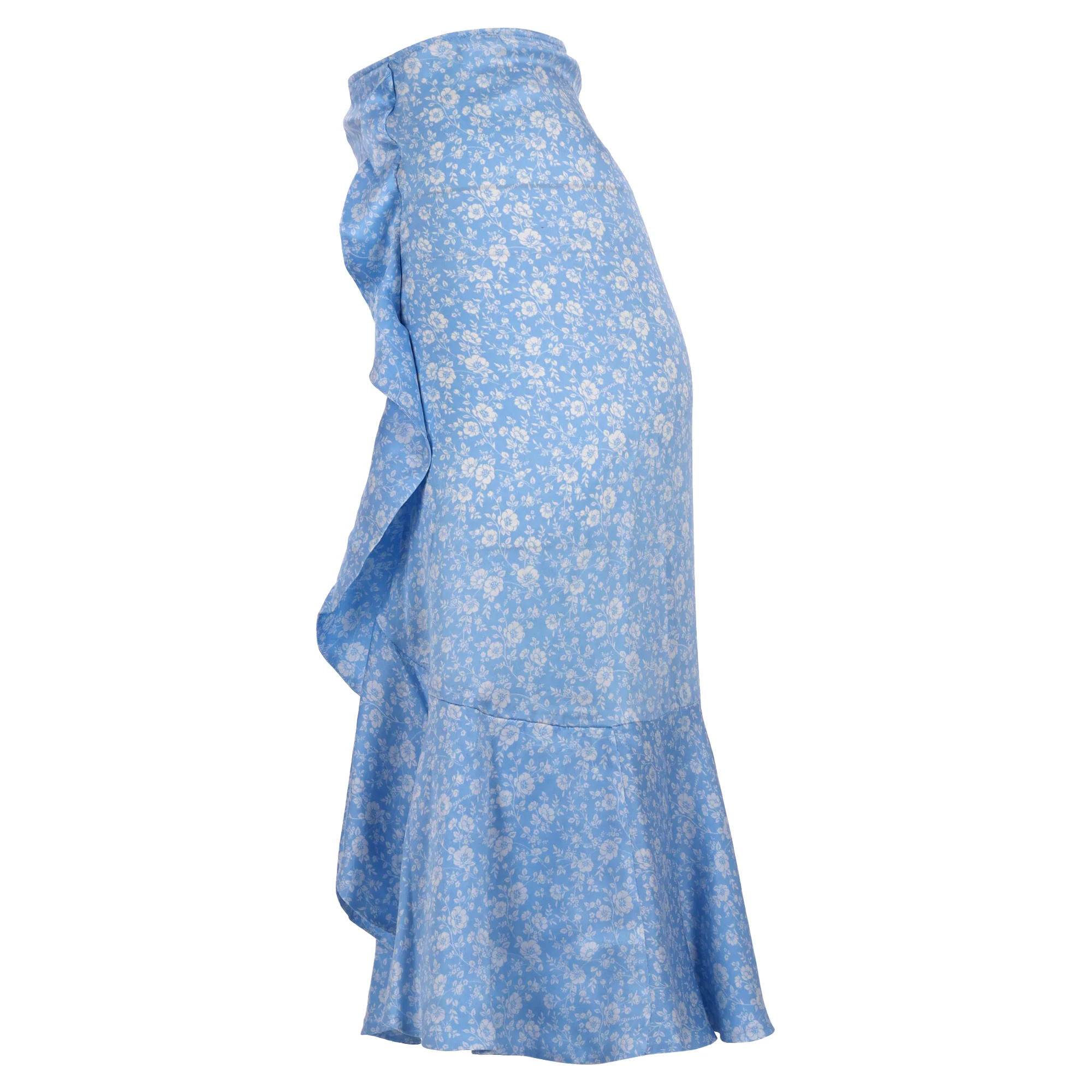 Ganni Floral Frill Skirt in Light Blue Silk