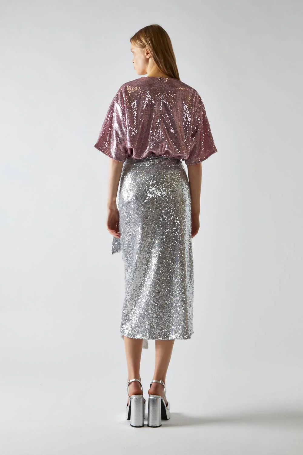 Sequin Wrap Midi Skirt In Silver