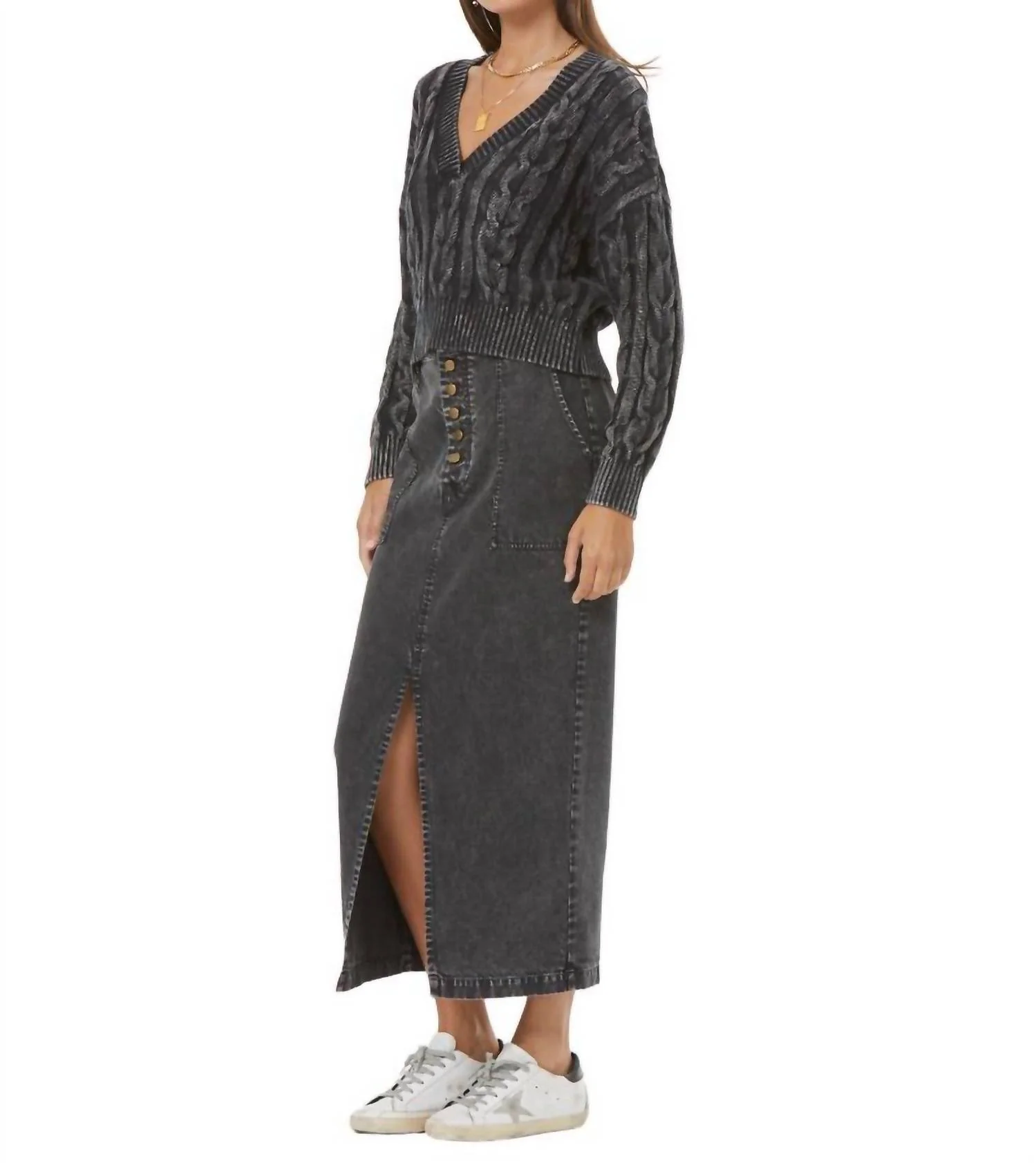 Dara Midi Skirt In Mineral Wash Black