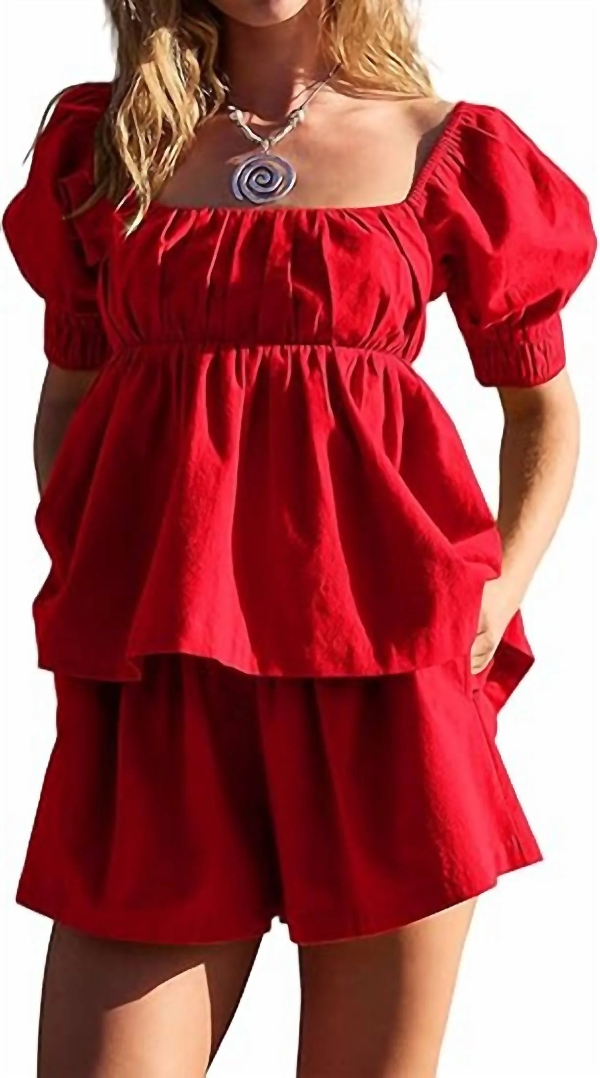 Tessa Puff Sleeve Short Set In Tomato