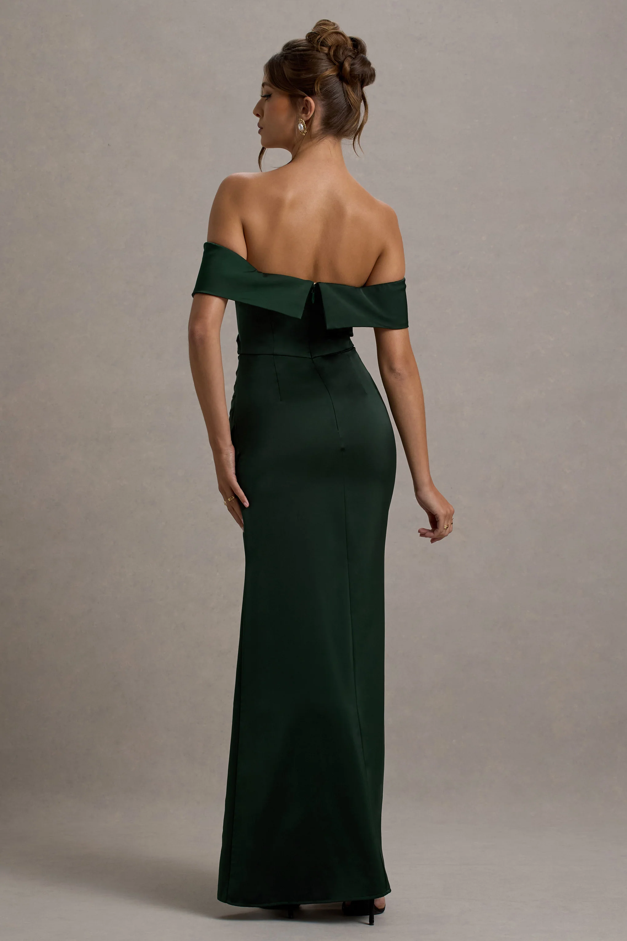 Martine | Bottle Green Satin Bardot Wrap Maxi Dress