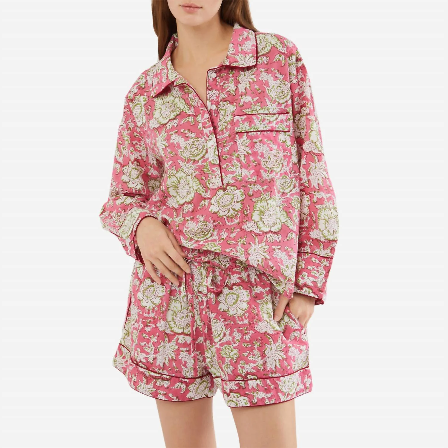 Lightweight Cotton Floral Short Pj Set In Pink / Green