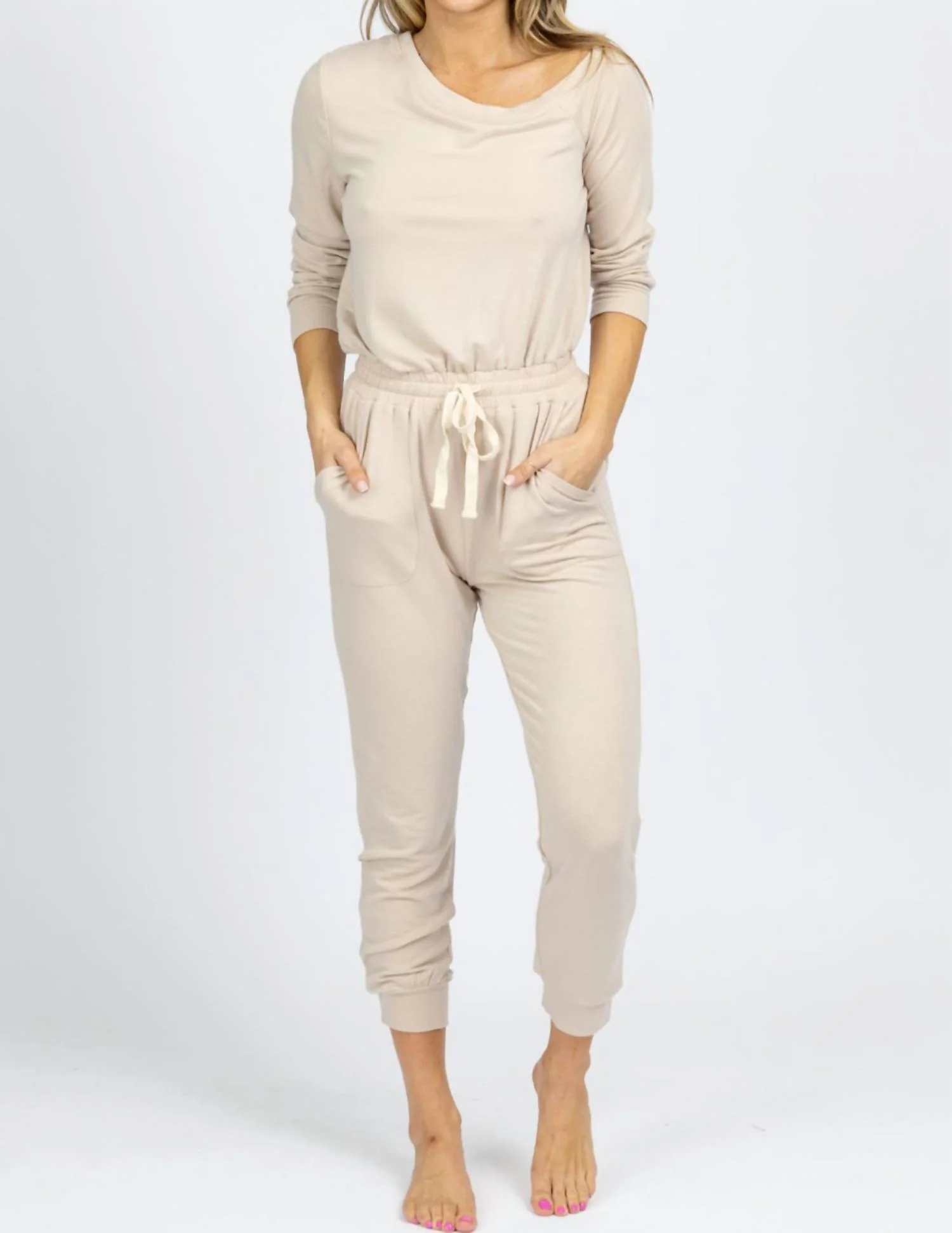 Butter Soft Drawstring Jumpsuit In Taupe