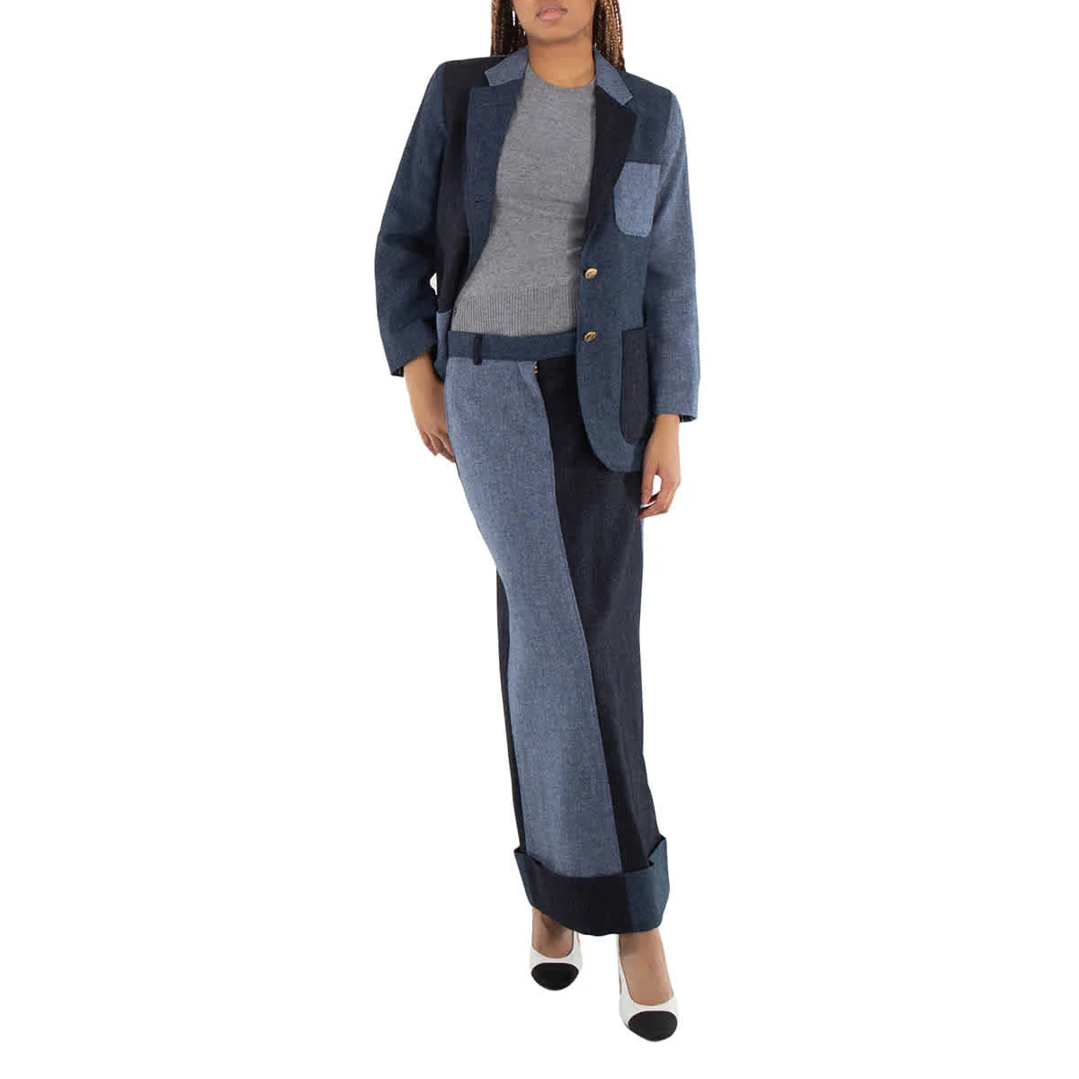 Thom Browne Ladies Navy Patchwork Donegal Tweed Blazer, Brand Size 36 (US Size 0)