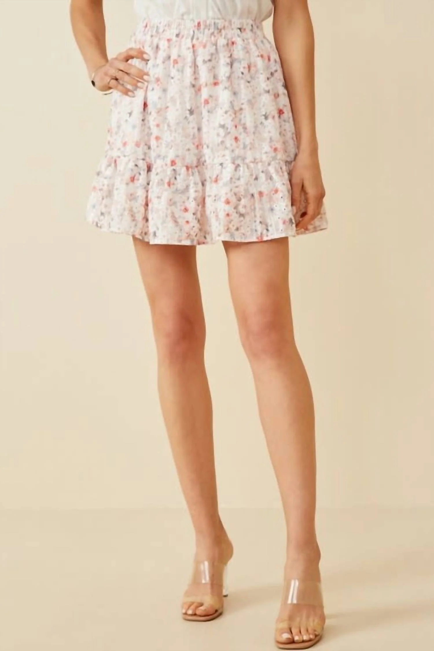 Eyelet Embroidered Floral Elastic Waist Mini Skirt In Pink