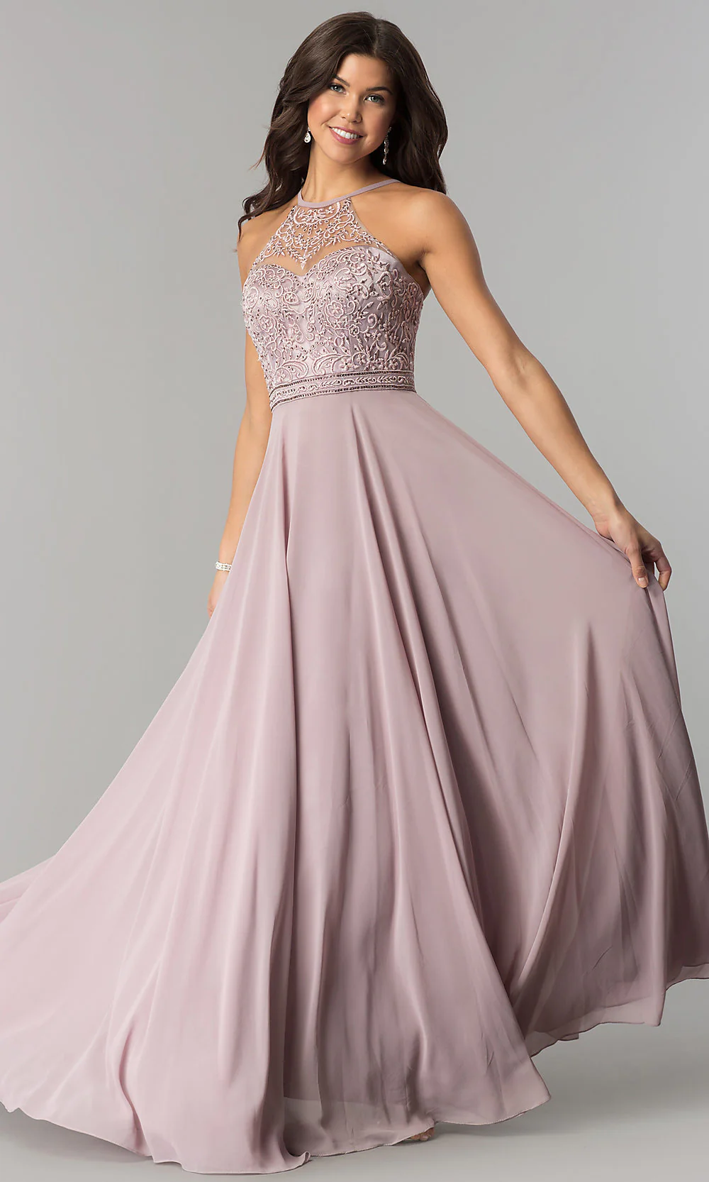 Embroidered-Bodice Long Formal Chiffon Prom Dress