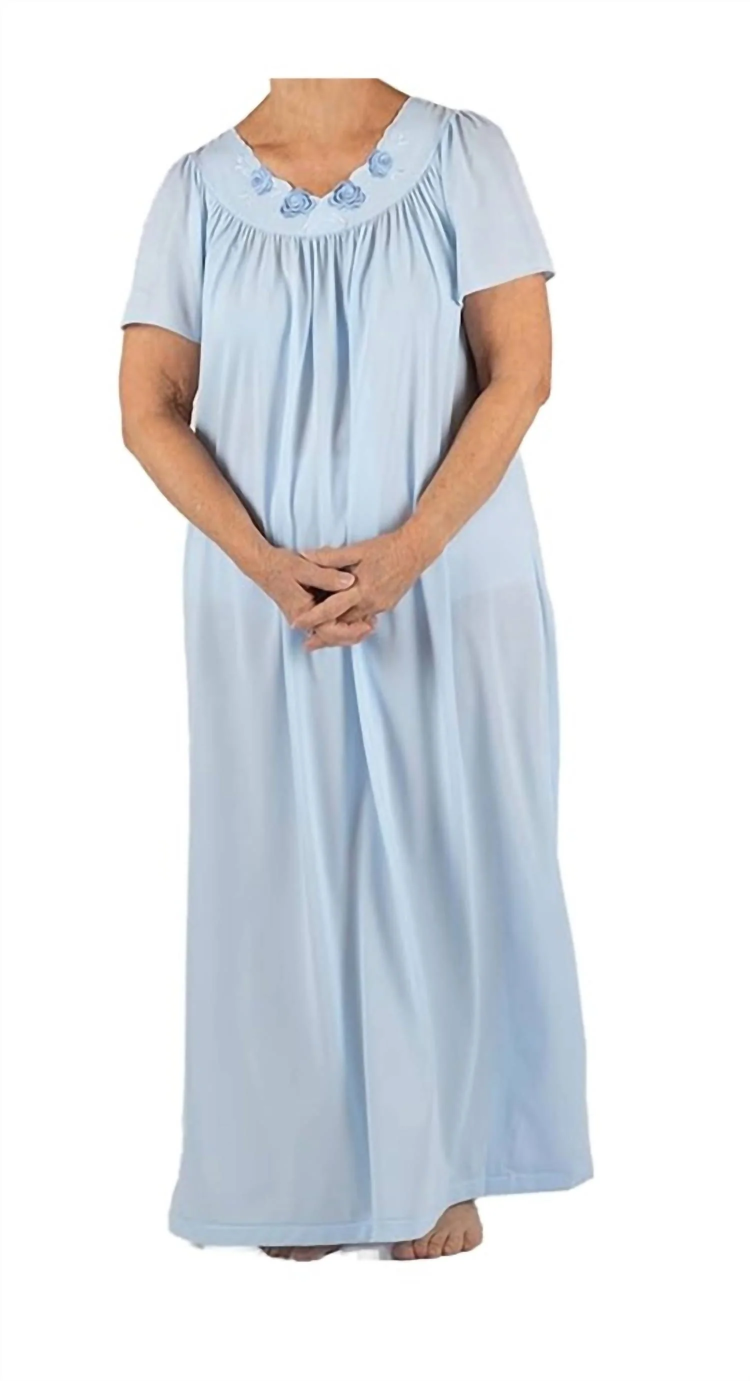 Long Gown With Flower Petal Embroidery And Flutter Sleeves In Bluebell