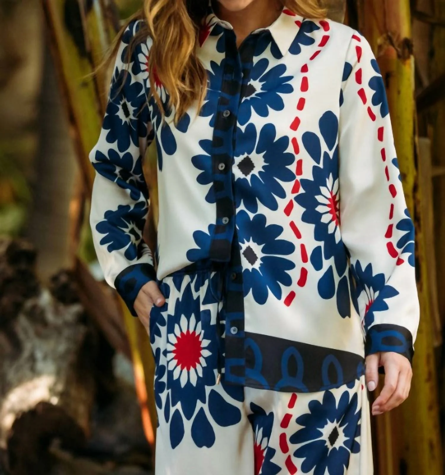 Floral Co-Ord Long Sleeve Button Down Shirt In Ivory + Navy