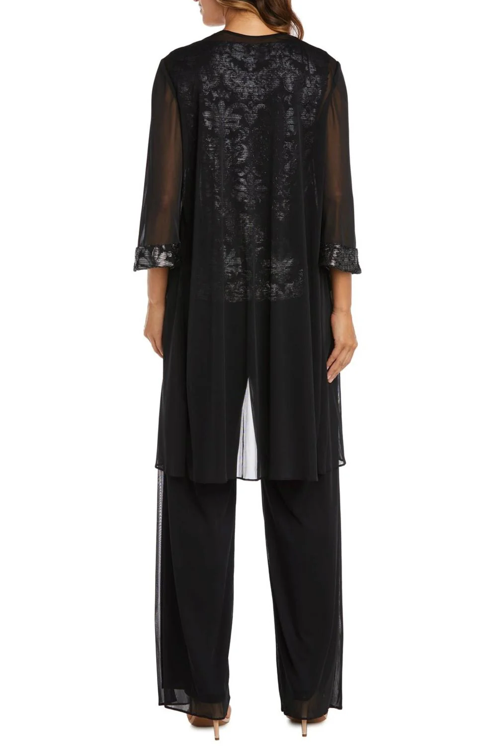 3-Piece Beaded Neck Duster Pants Set In Black Silver