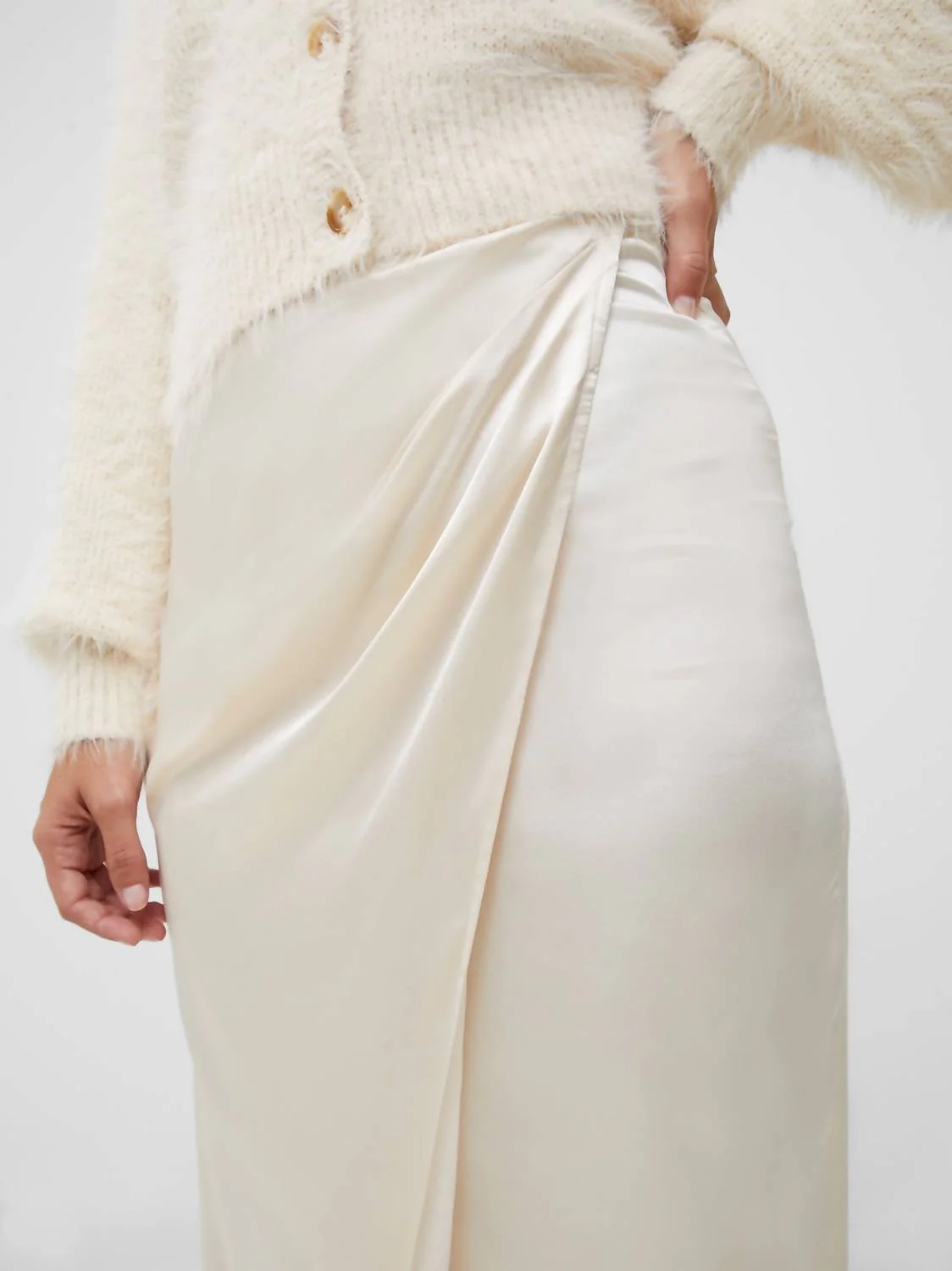Inu Satin Midi Wrap Skirt In Classic Cream