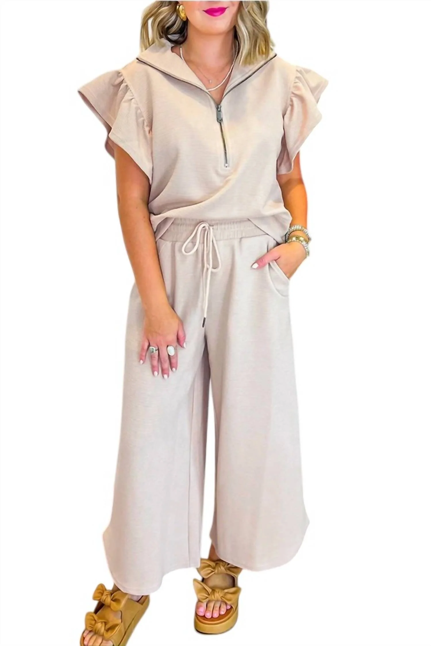 Ruffle Top And Pants Set In Beige