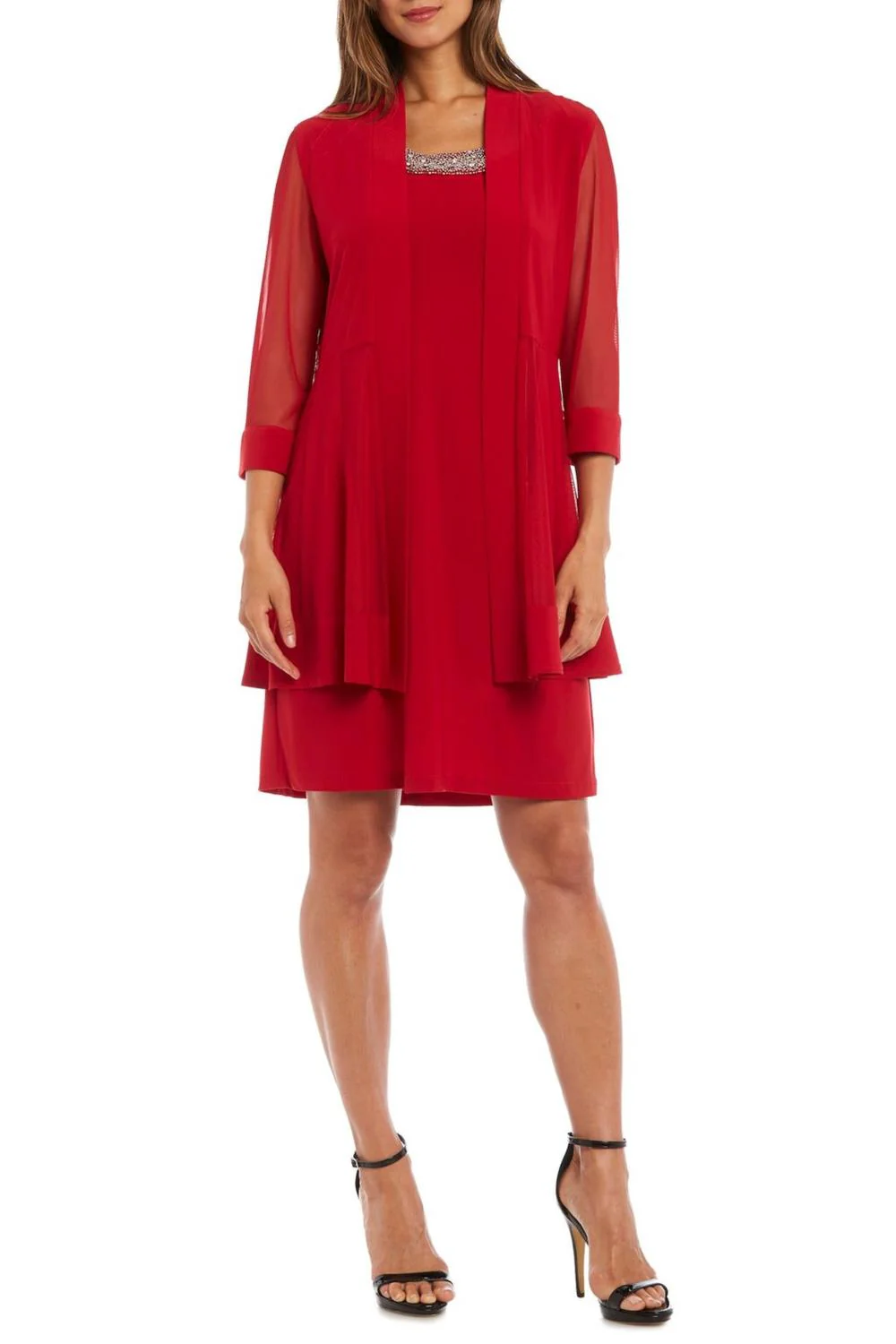 3/4 Sleeve Embellished Jacket & Dress Set In Red