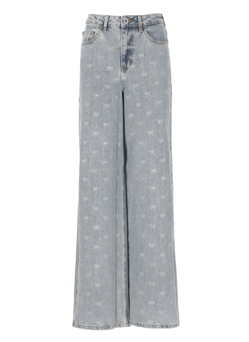 Light-Blue Wide-Leg Cotton Jeans With Bow