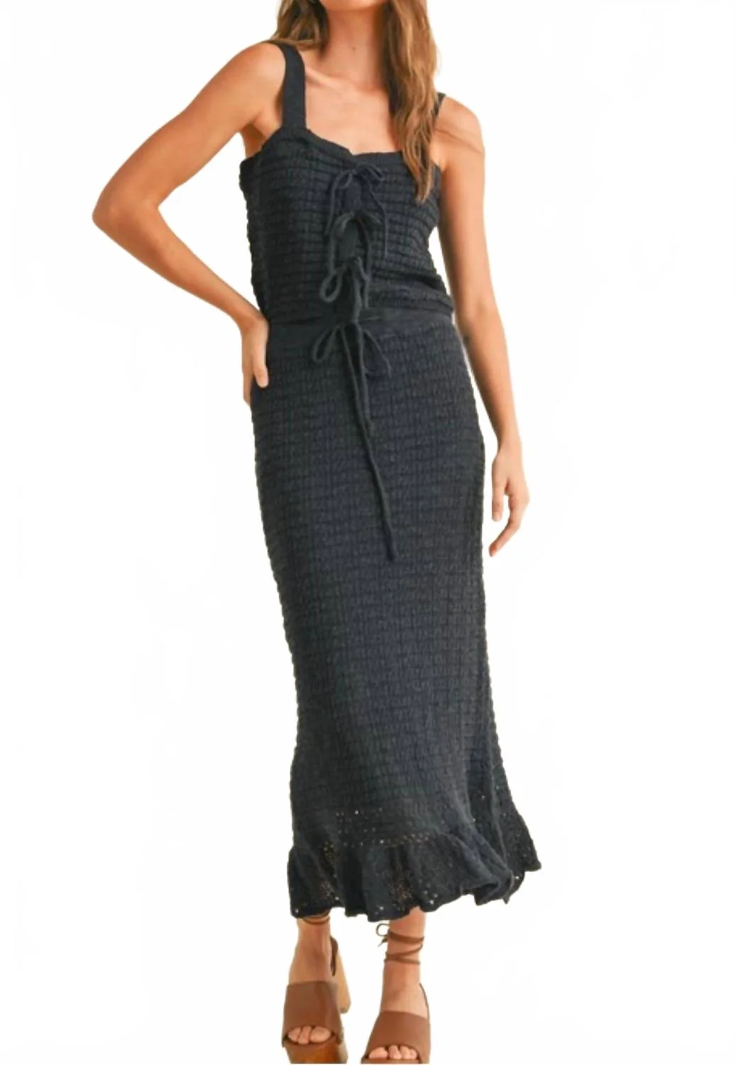 Crochet Top And Skirt Set In Navy