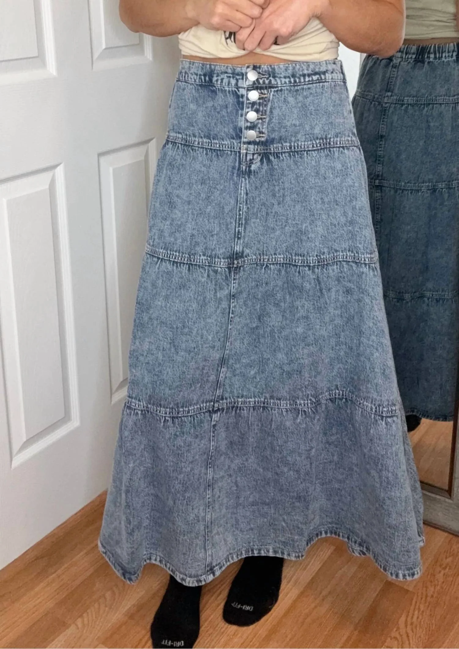 Lilly Denim Tiered Maxi Skirt In Blue