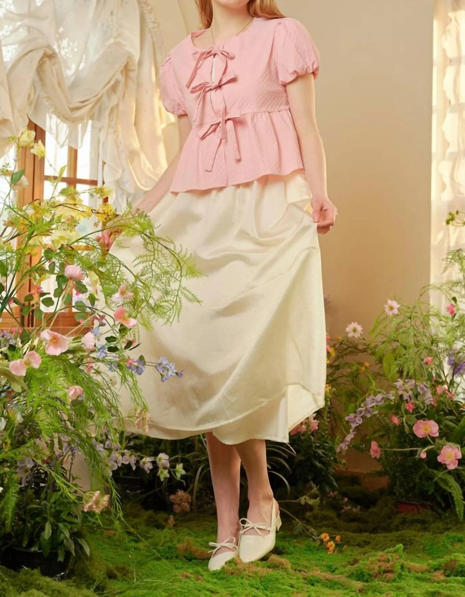 Textured High Waisted Midi Skirt In Beige