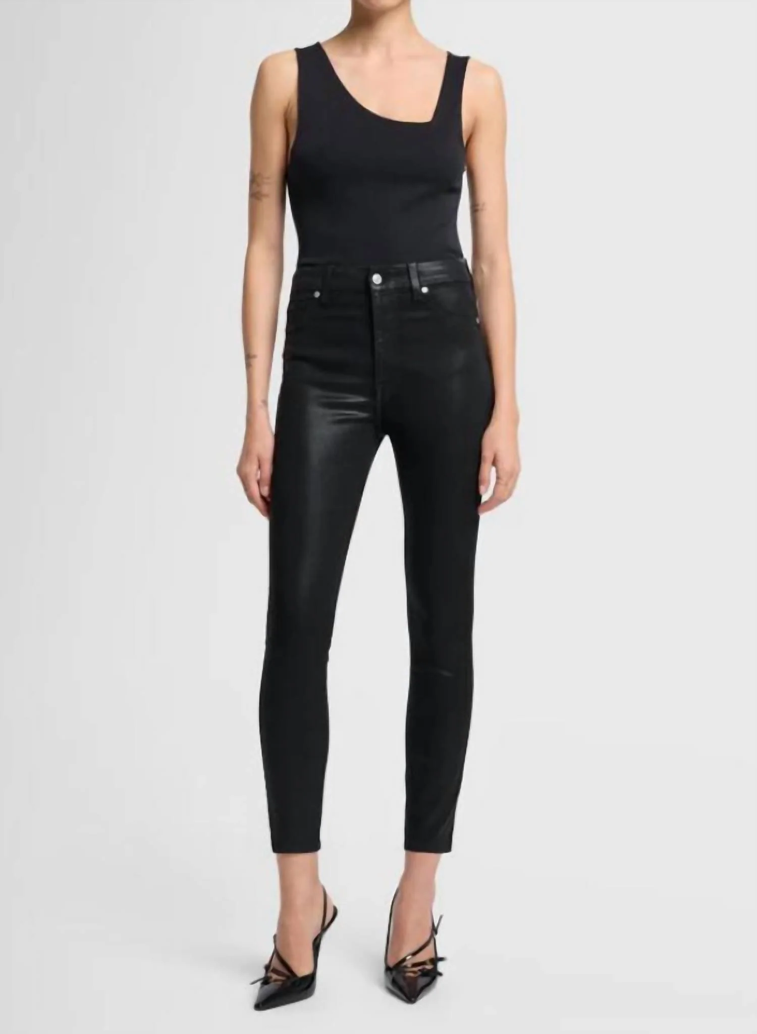 High Waist Ankle Skinny Pants In Coated Black