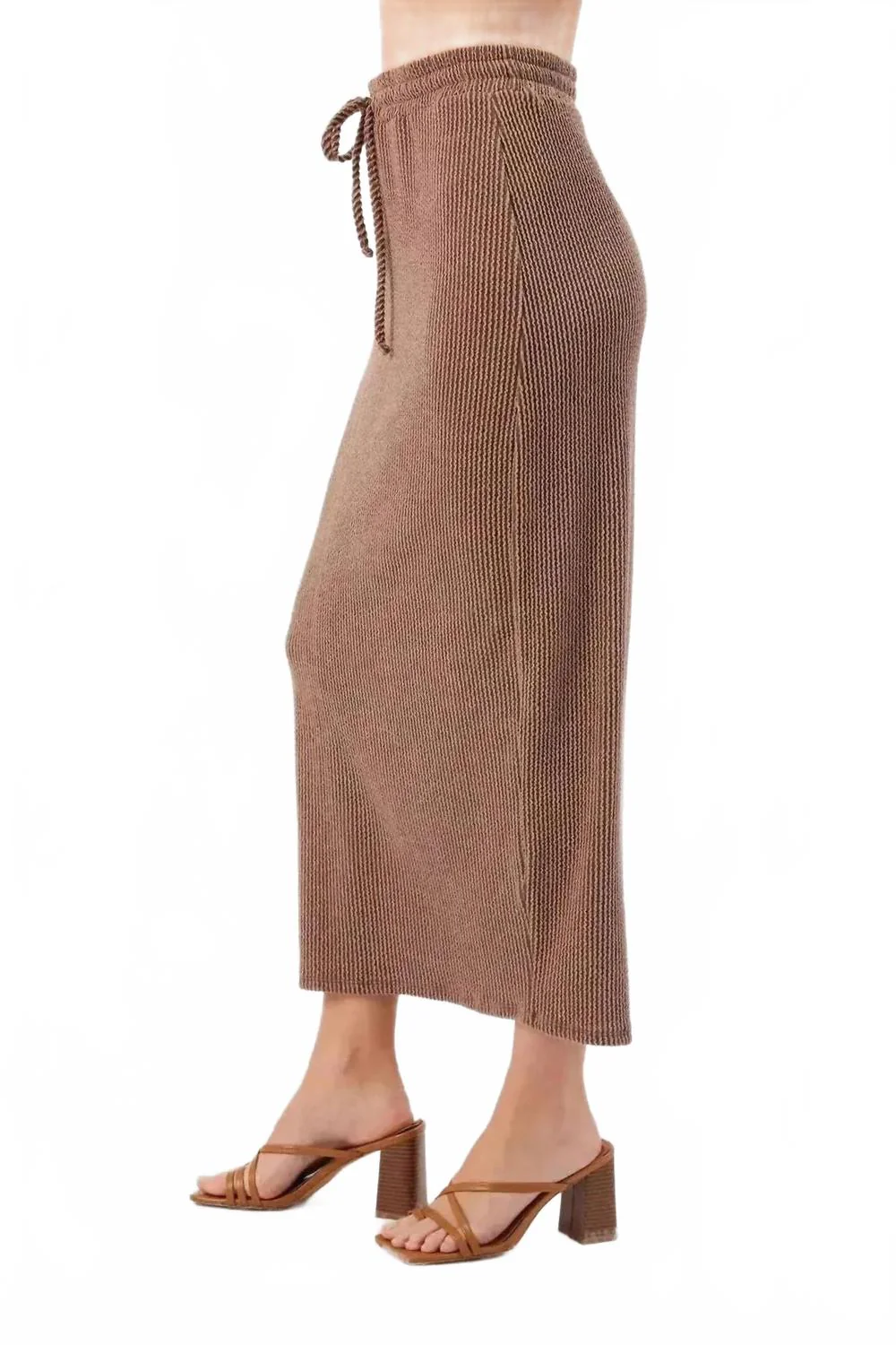 Kaya Tie Waist Midi Skirt In Brown