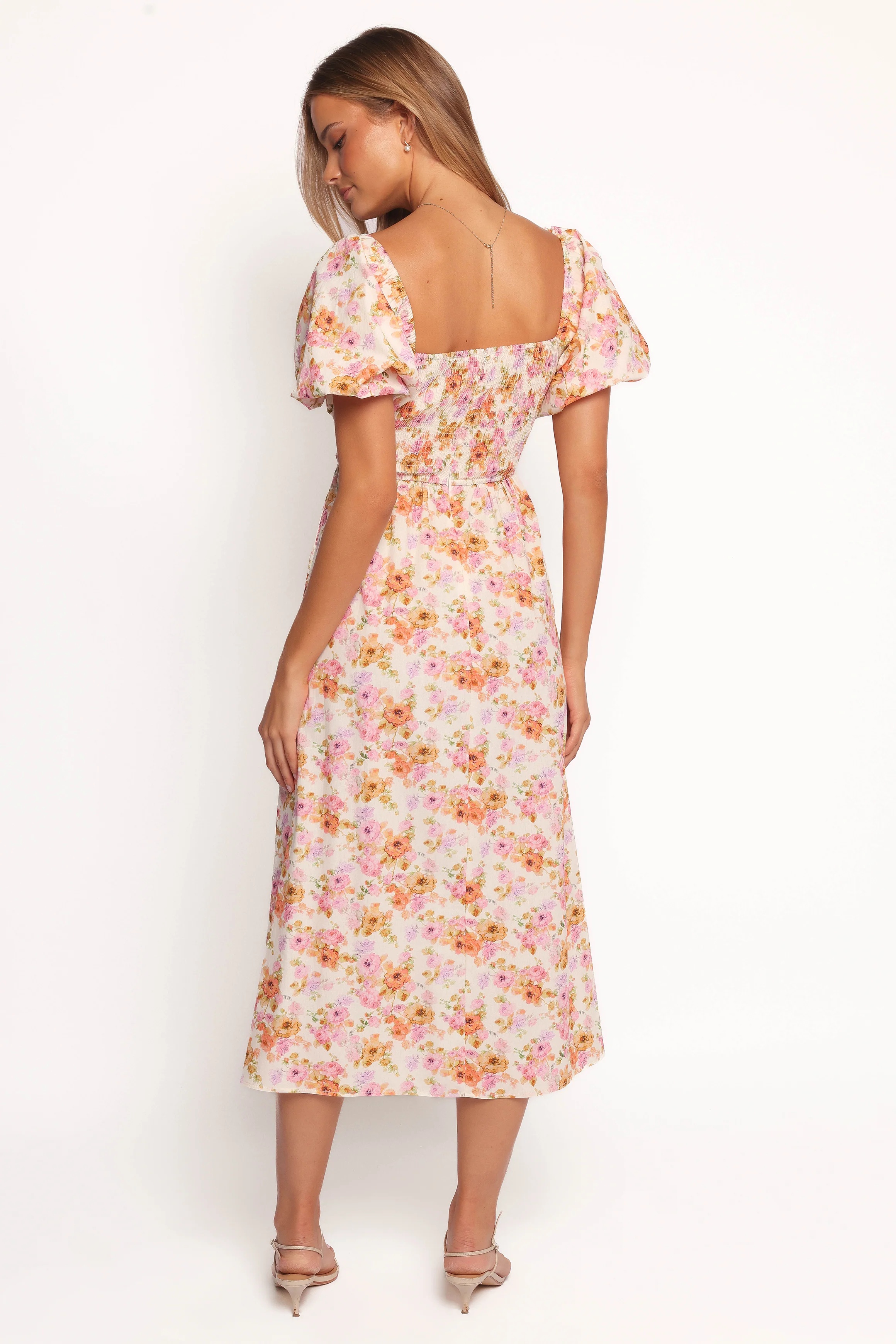 Clo Puff Sleeve Midi Dress - Peach Floral