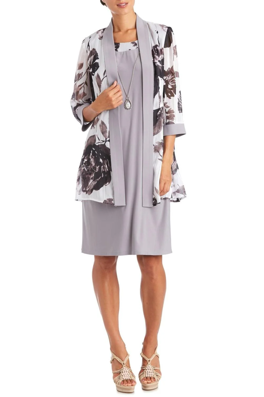 3/4 Sleeve 2 Piece Evening Jacket & Dress Set In Grey