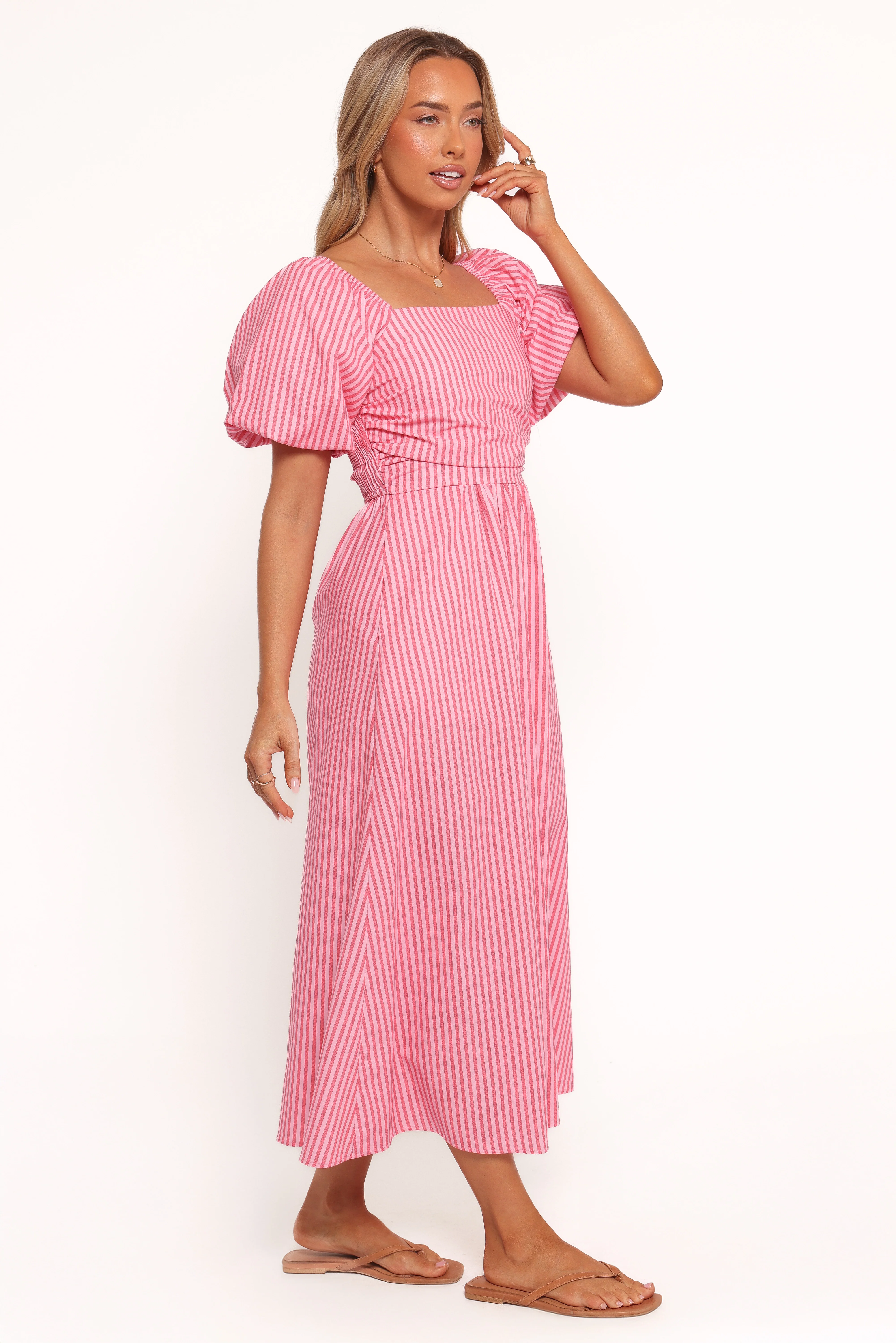 Chlo Puff Sleeve Midi Dress - Red Stripe