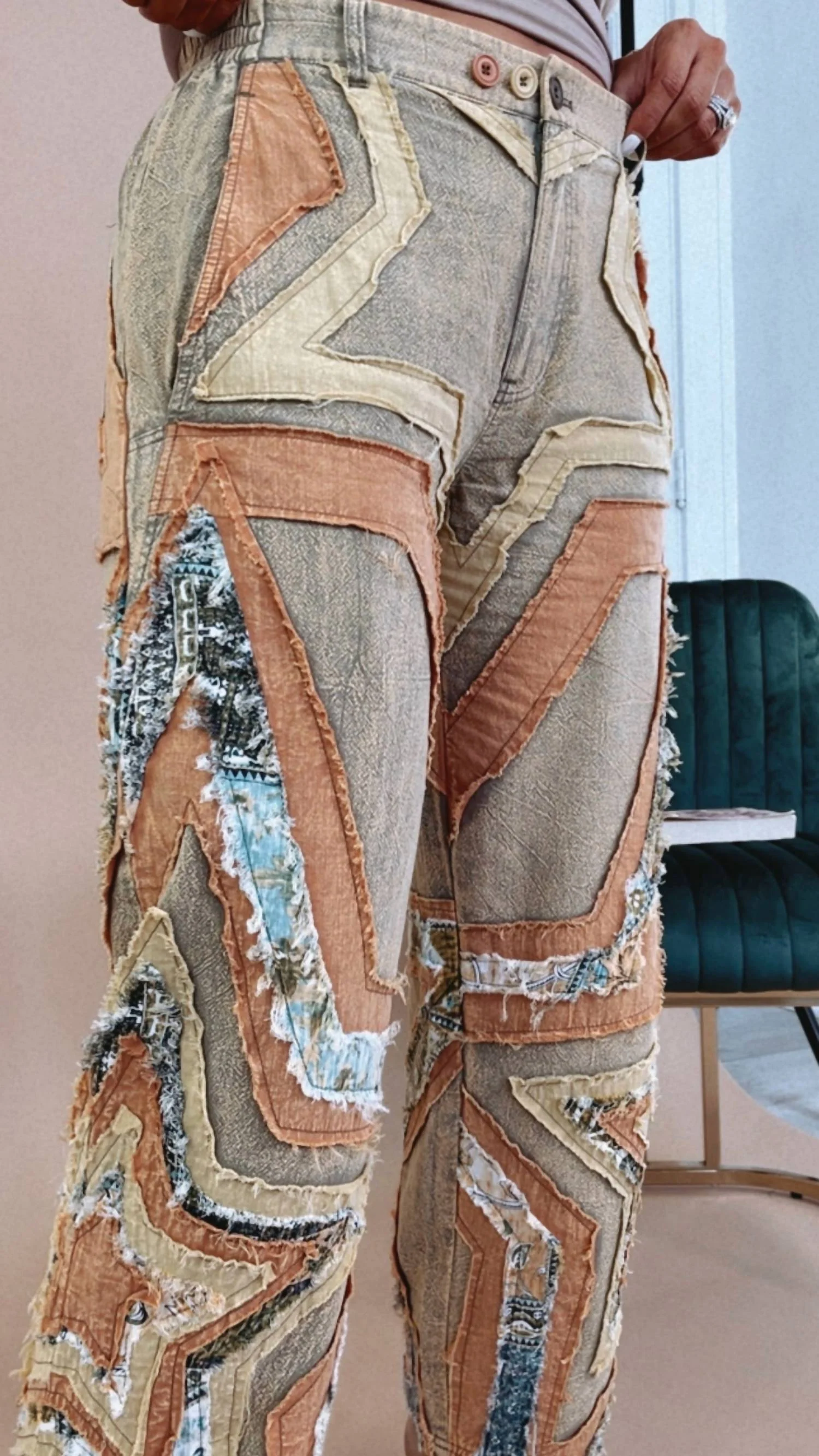 Star Patched Pants In Washed Patchwork