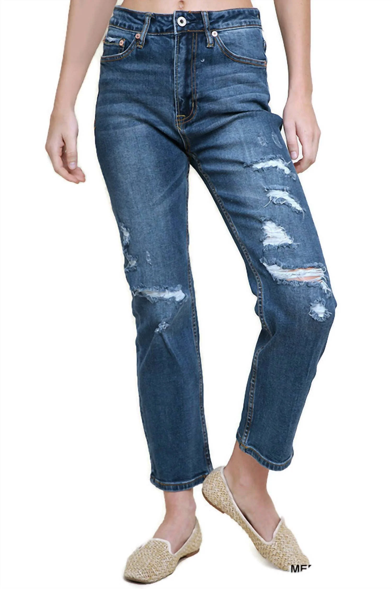 Distressed High Waist Straight Leg Jean In Medium Wash