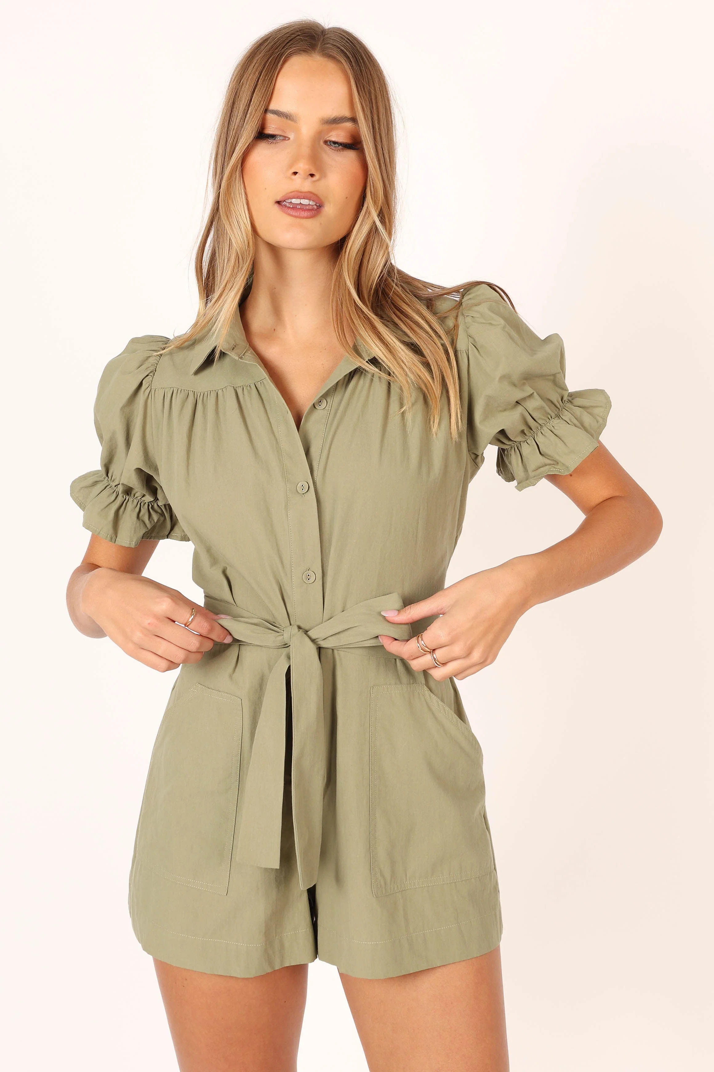 Riley Waist Tie Romper - Olive