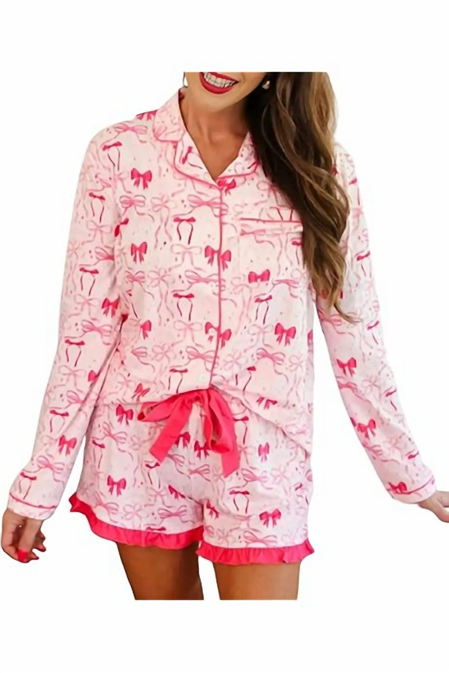 Women's Bonita Bow Pajama Ruffle Set In Pink
