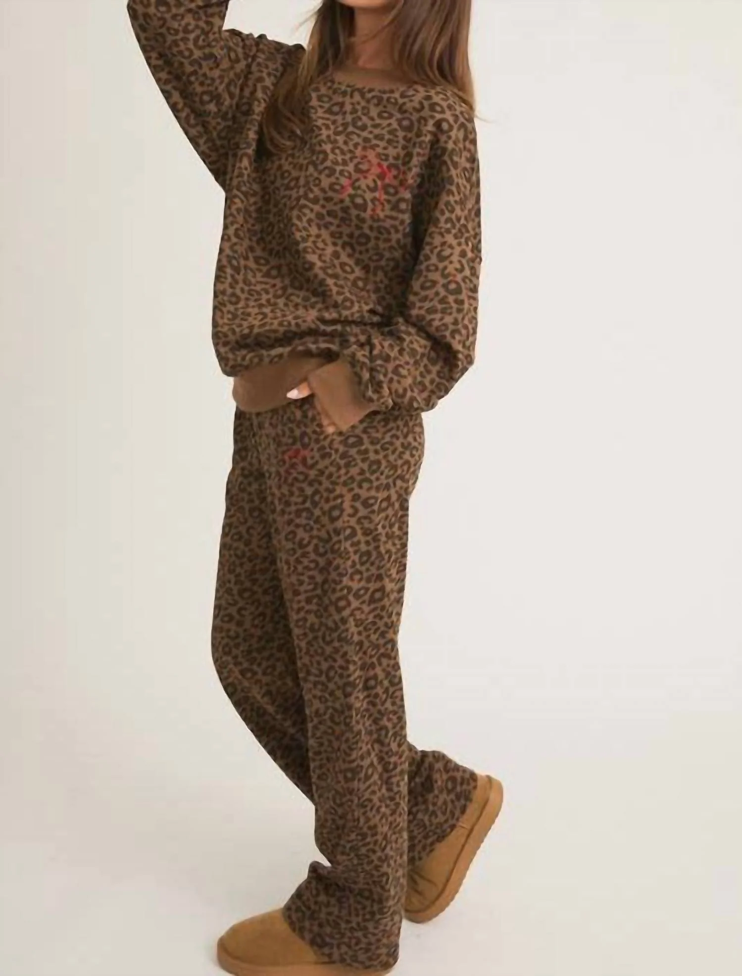 Crew Neck Washed Leopard Sweatshirt With Sweatpants Set In Brown-Black Leopard