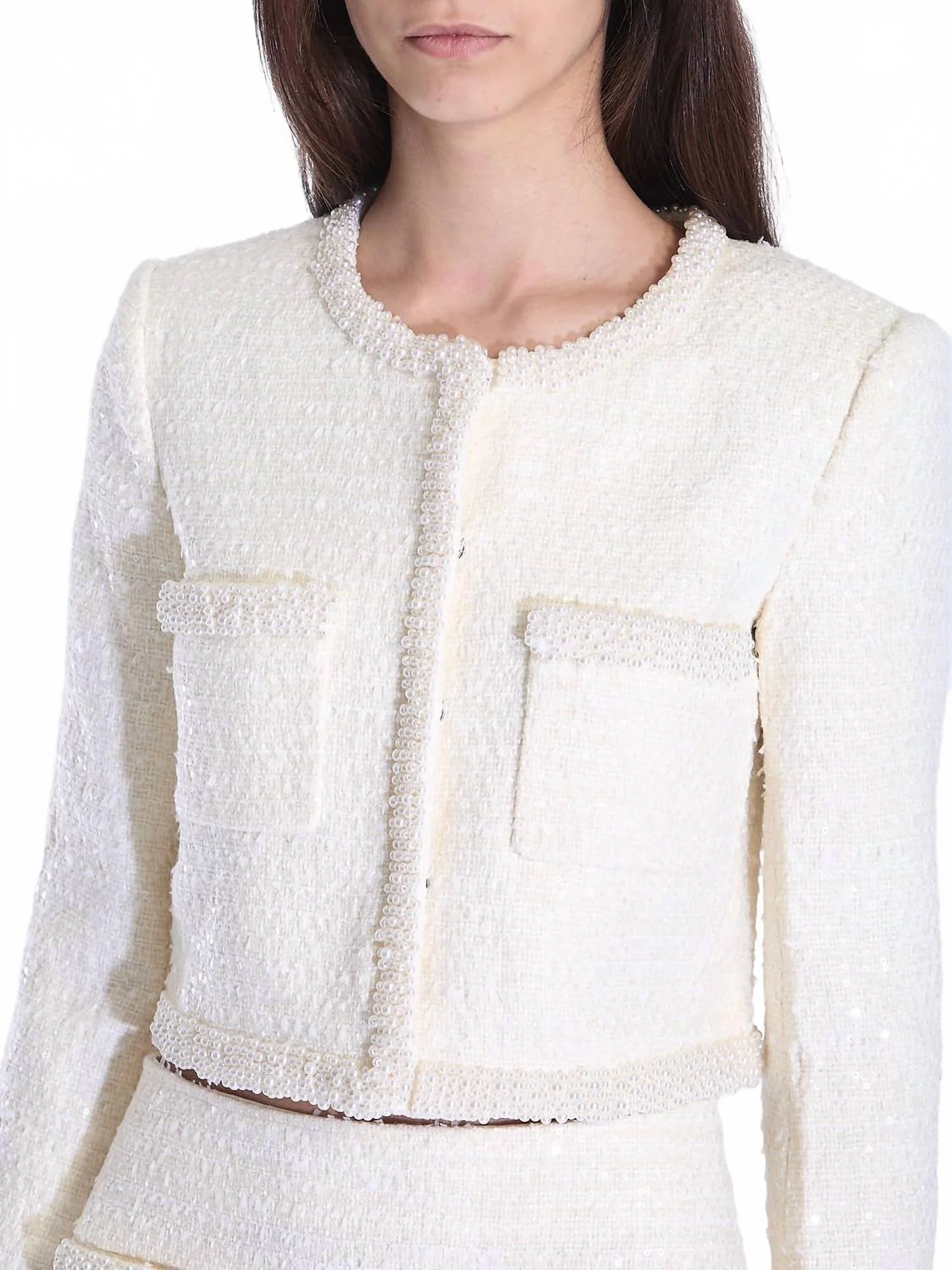 Boucle Pearl Trim Jacket In Cream