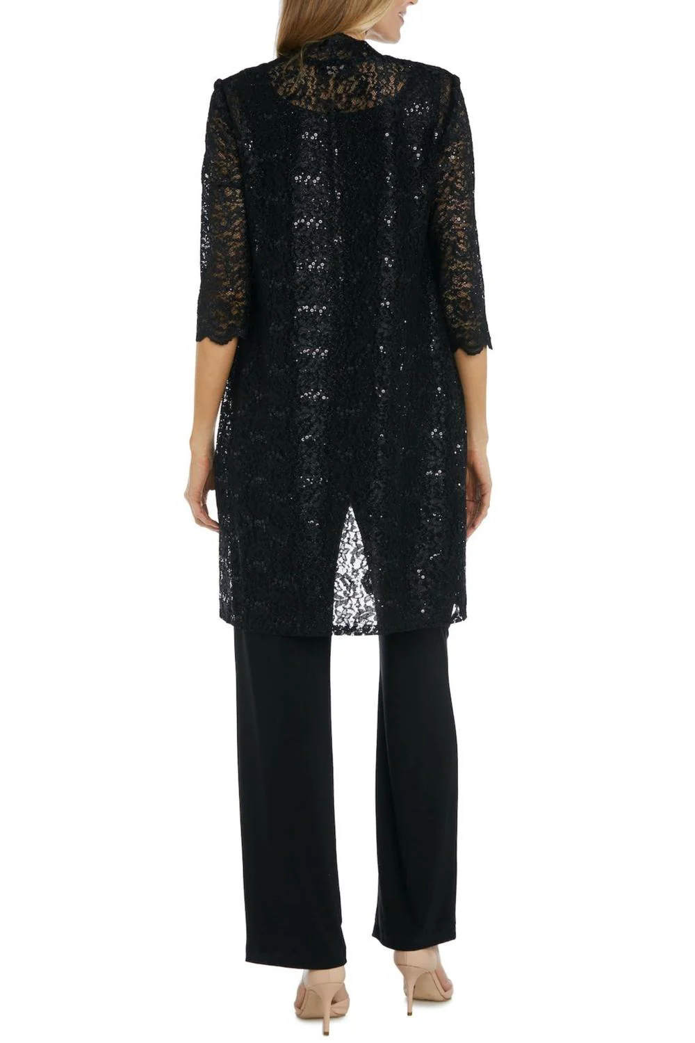 Lace 3/4 Sleeve 3-Piece Pants Set In Black