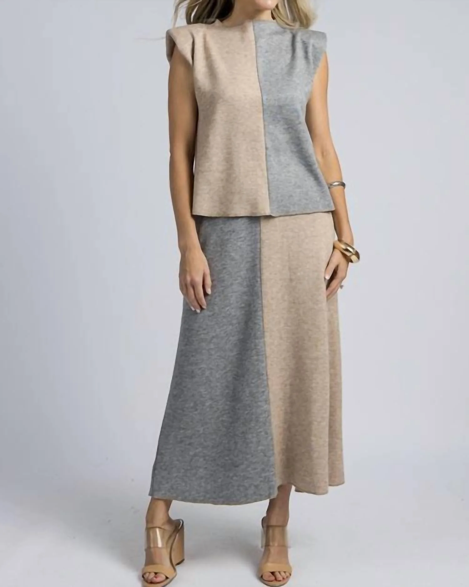 Color Block Skirt Set In Taupe/grey