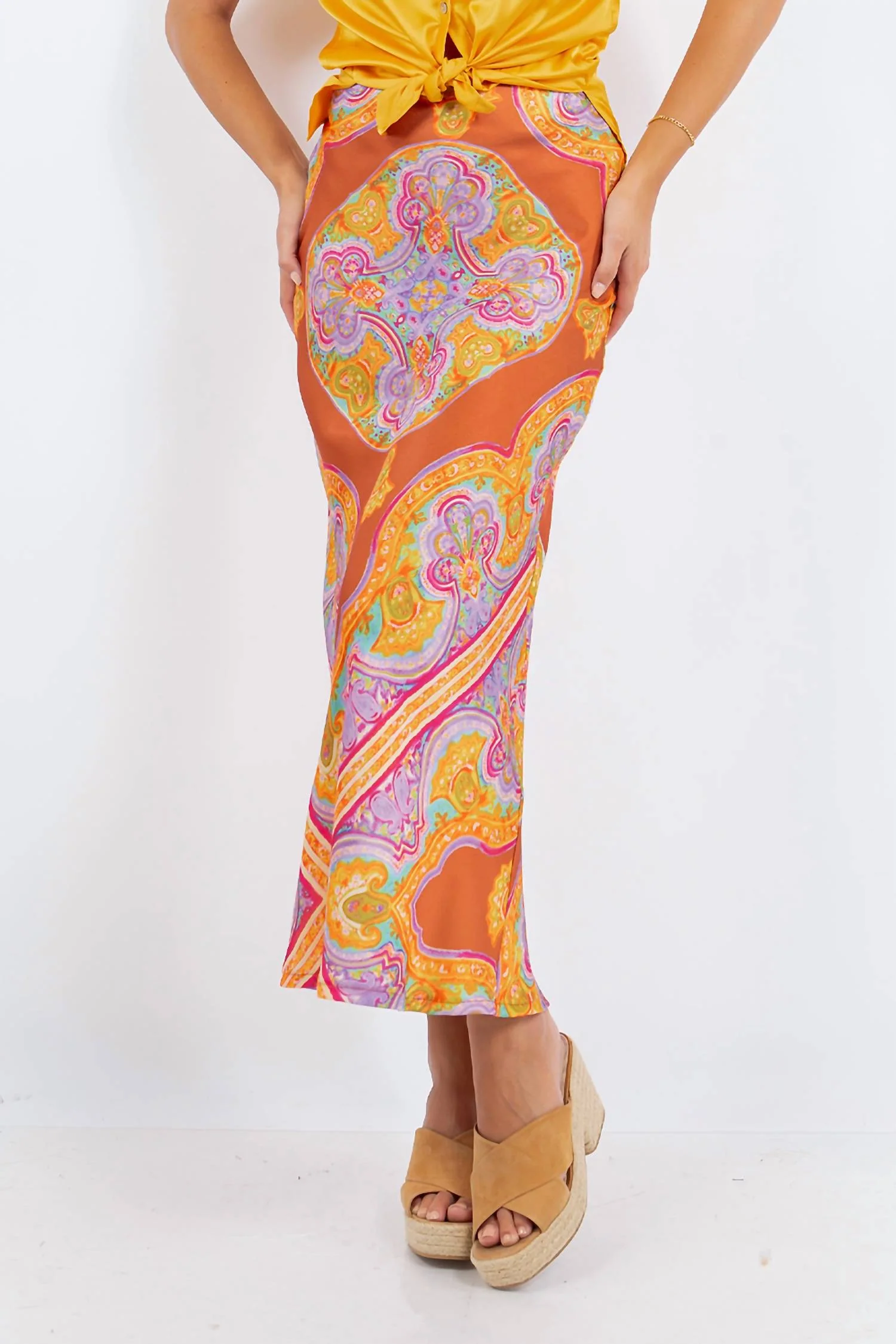 Satin Watercolor Print Bias Cut Skirt