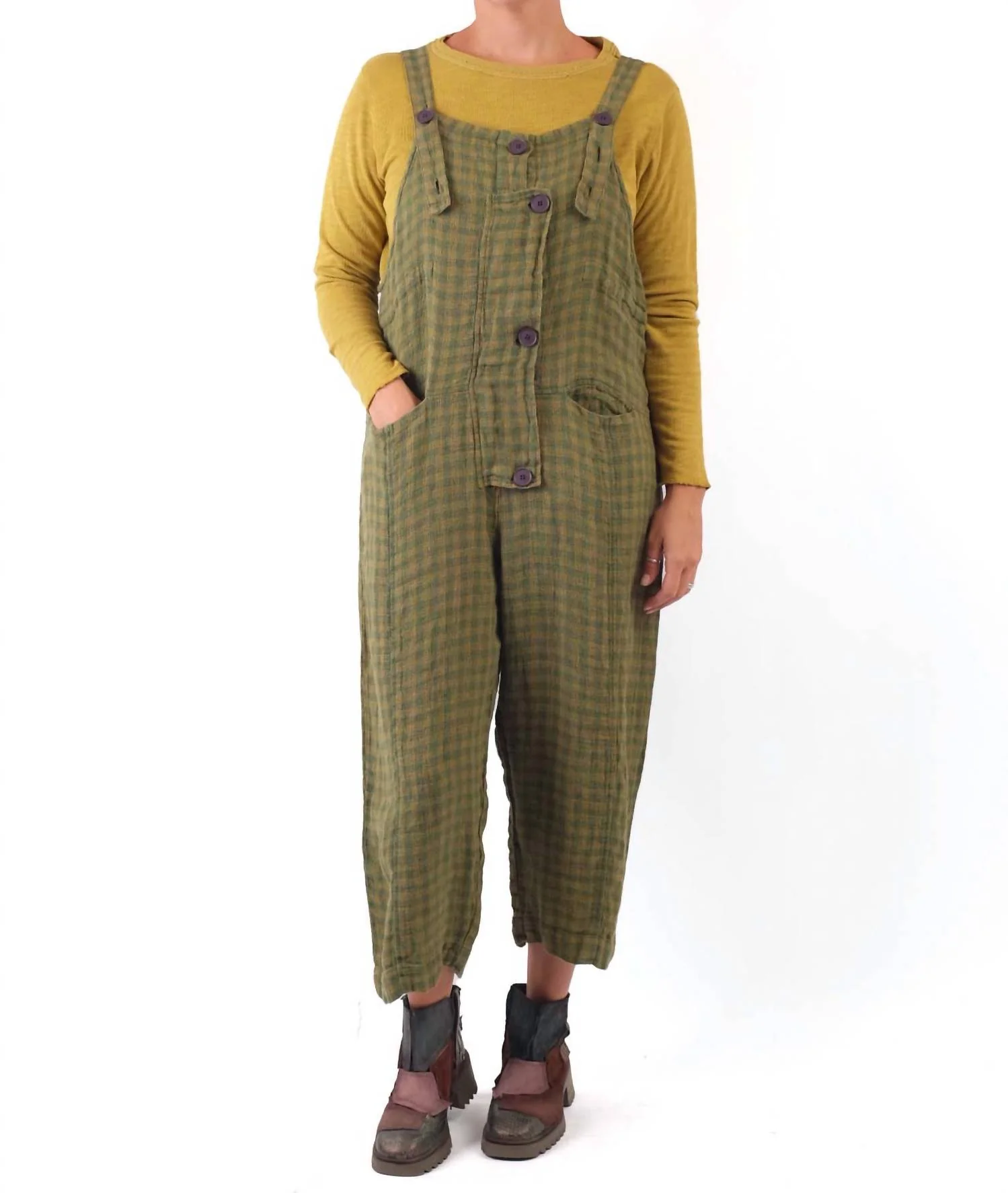 Linen Check Overalls In Green