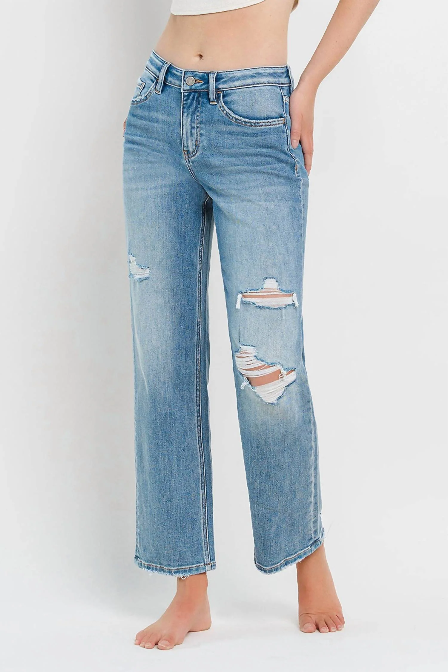 High Rise Distressed Slim Wide Jeans-Joysome In Blue