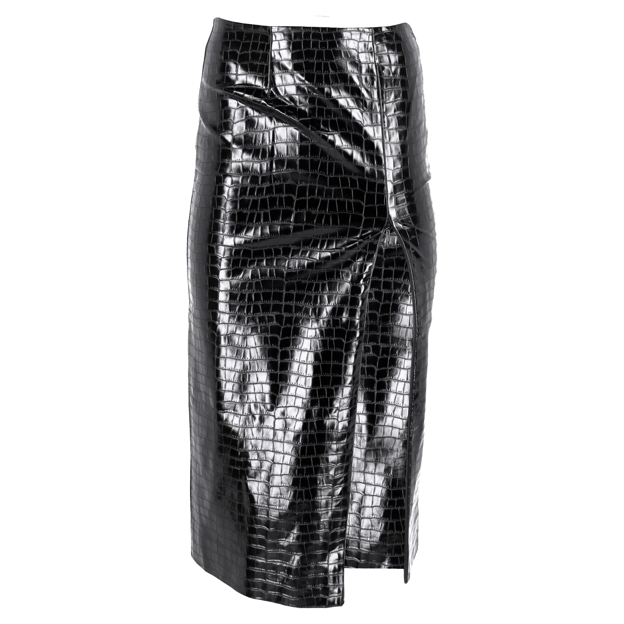 Rotate Birger Christensen Leeds Faux Croc-effect Midi Skirt In Black Faux Leather
