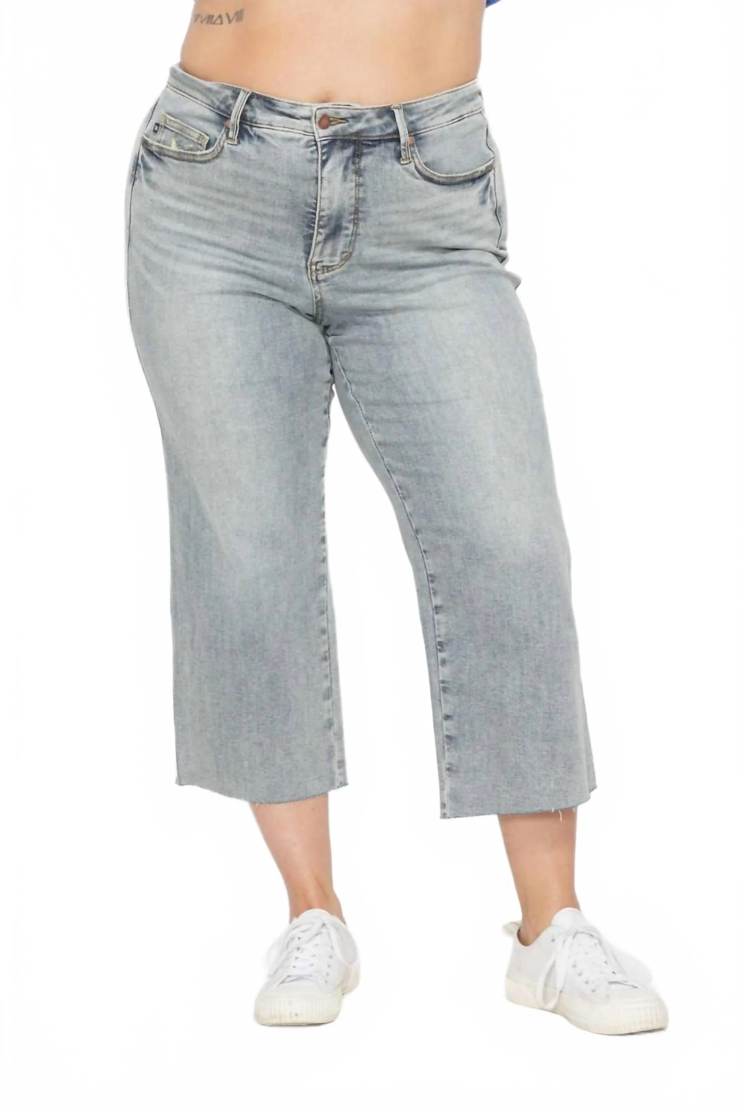 Mid Rise Tummy Control Cropped Wide Jeans - Plus In Denim