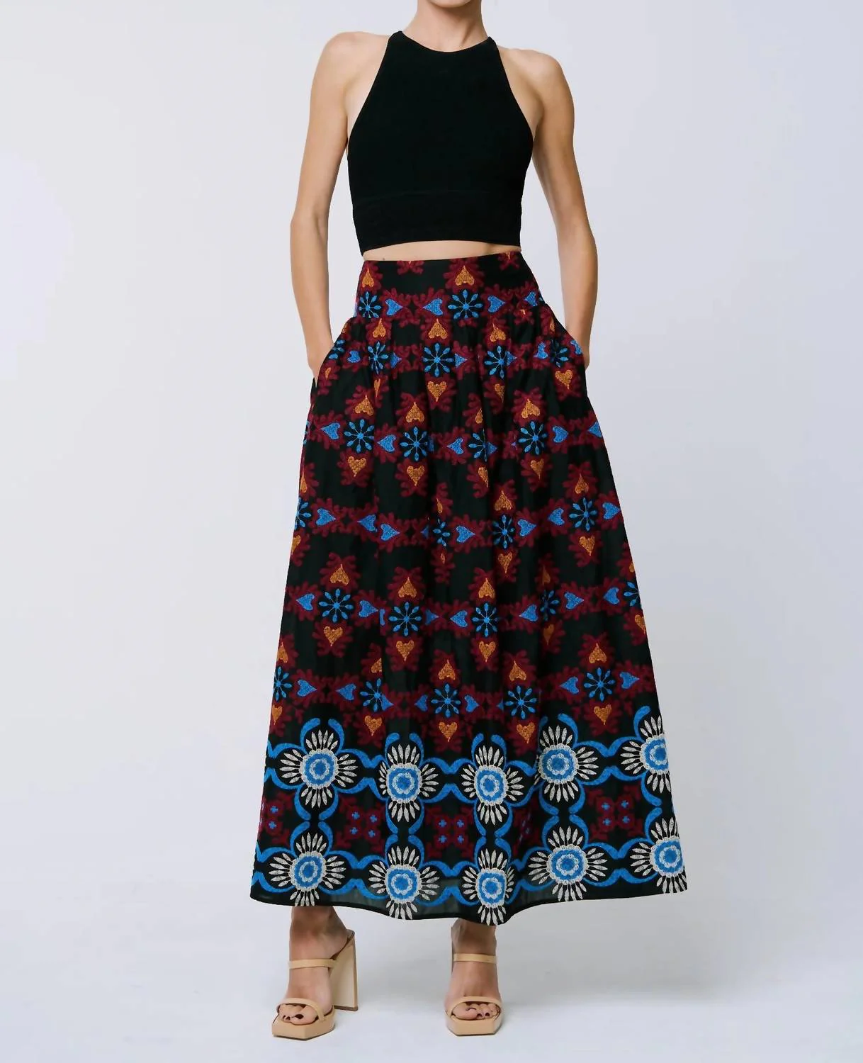 Deana Embroidered Maxi Skirt In Black