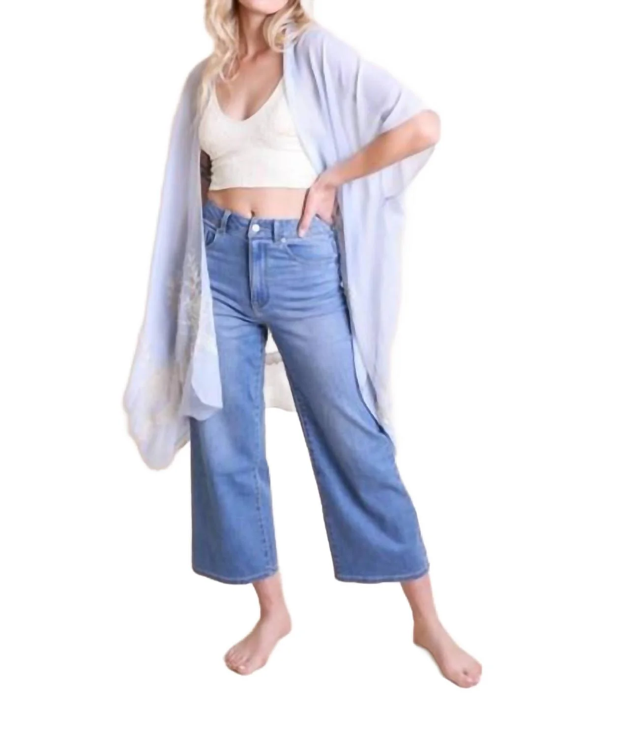 Lightweight Floral Embroidered Tassels Boho Festival Kimono Wrap In Blue