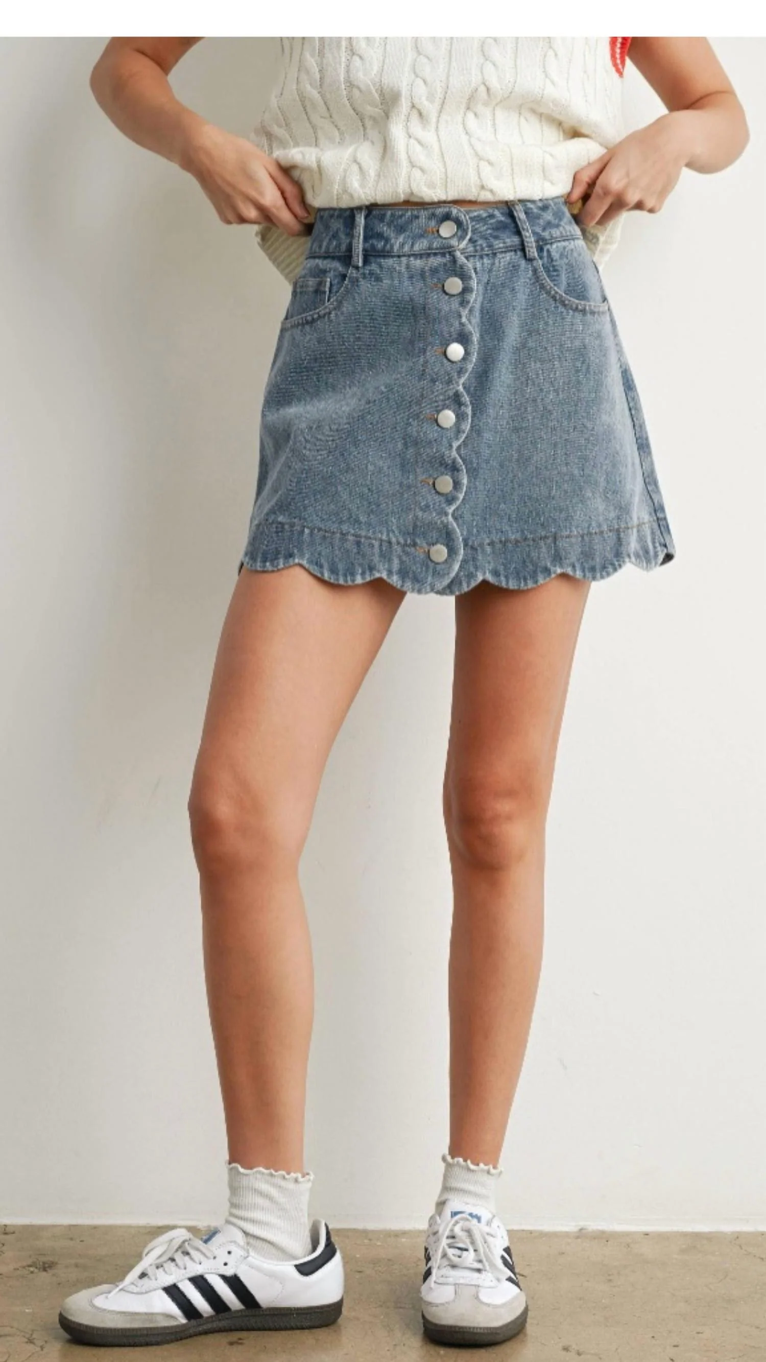 Scallop Edge Button-Up Skirt In Denim