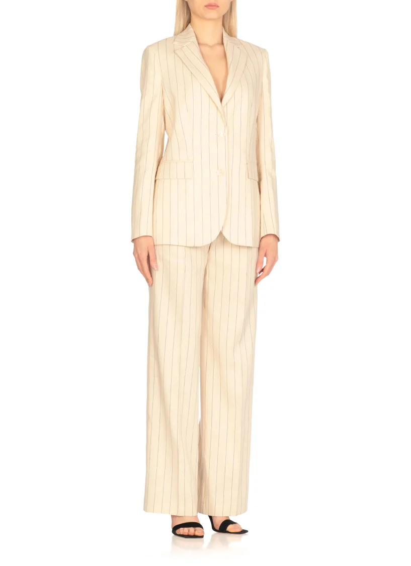 Ivory Striped Linen And Cotton Blazer With Classic Lapel