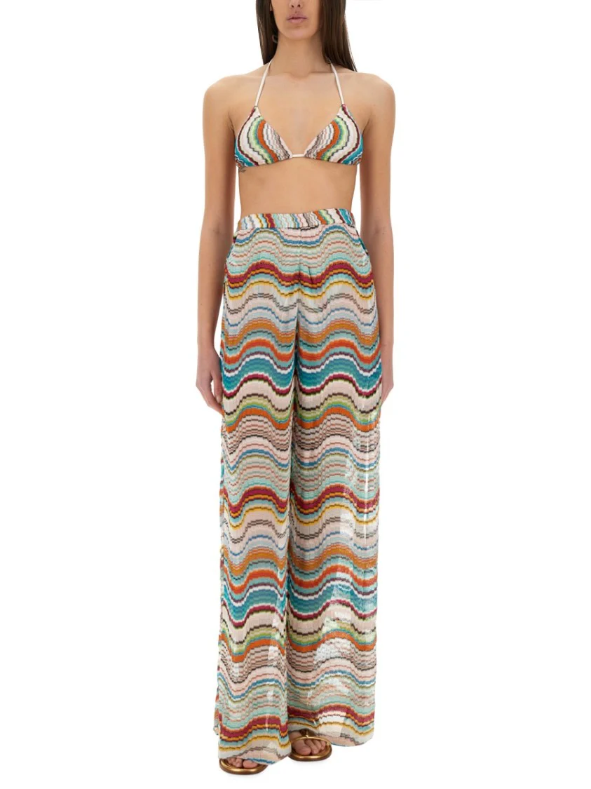 Knit Cover-Up Pants With Lamé Wave Pattern