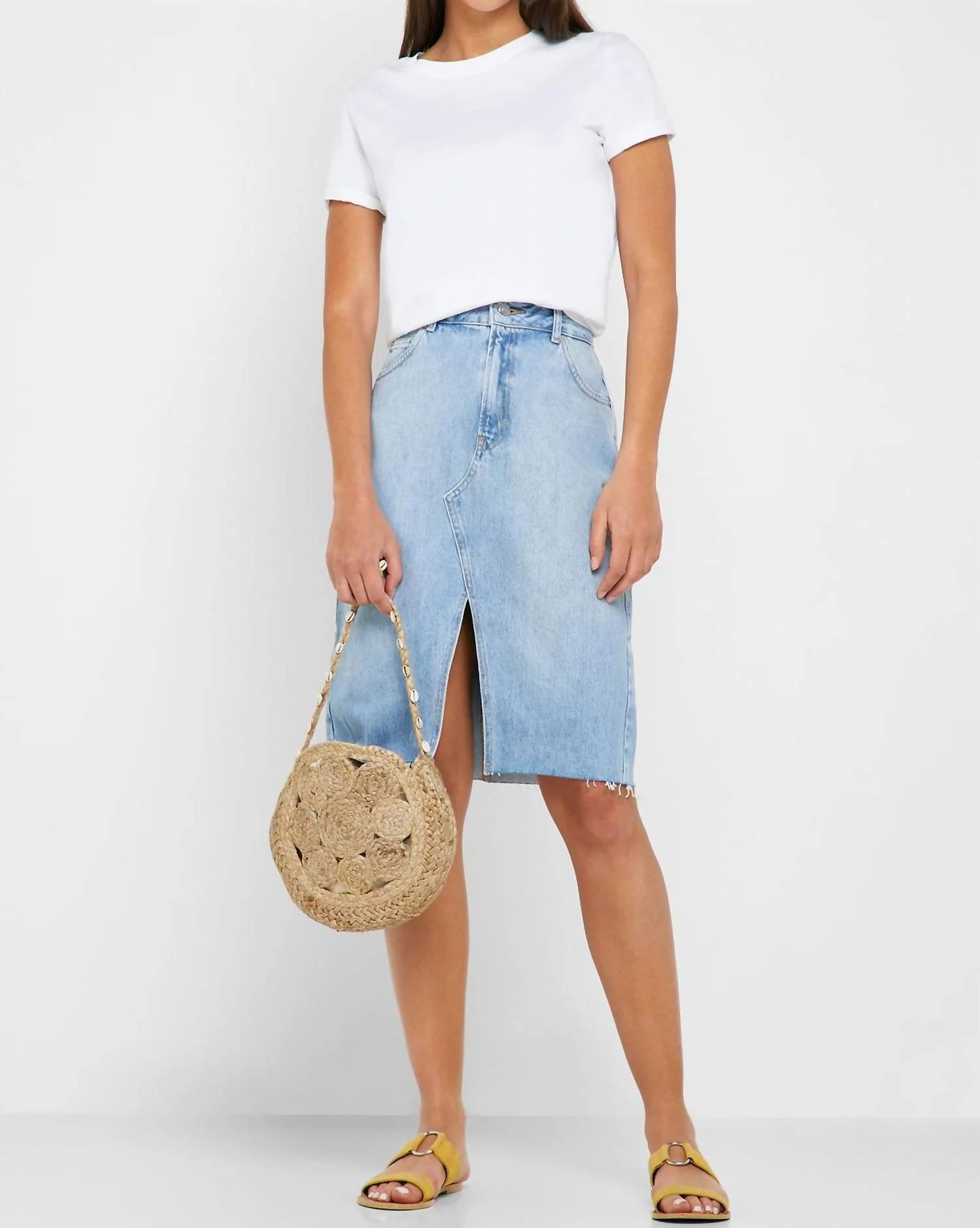 Denim Front Split Pencil Denim Skirt In Blue