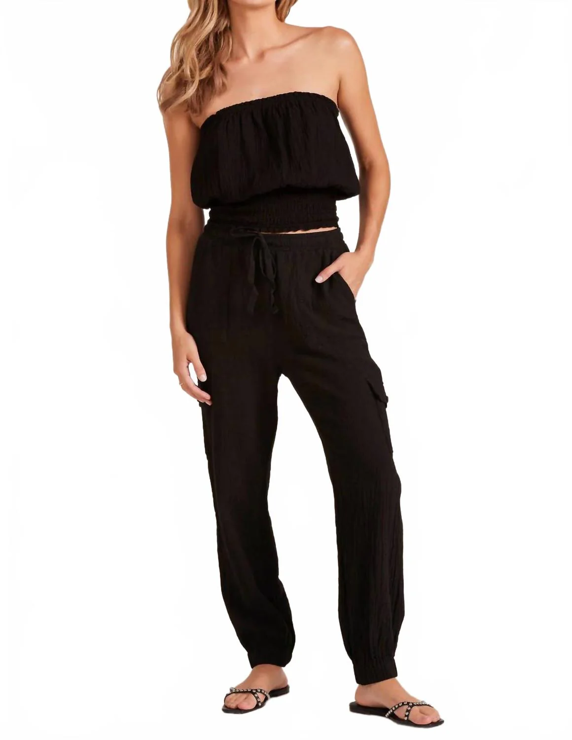 Mixed Drawstring Pants In Black